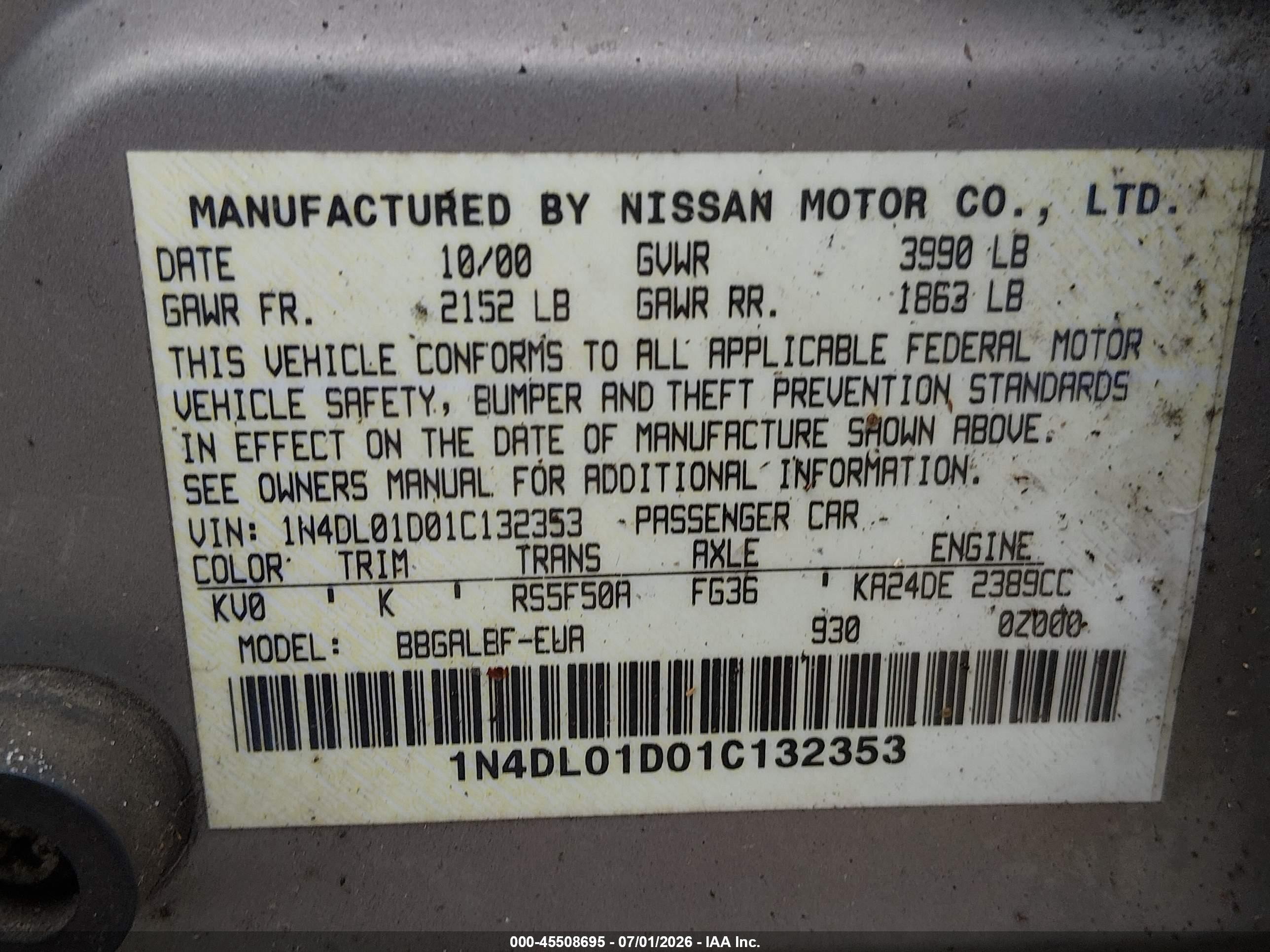 2001 Nissan Altima Gxe Brown vin: 1N4DL01D01C132353