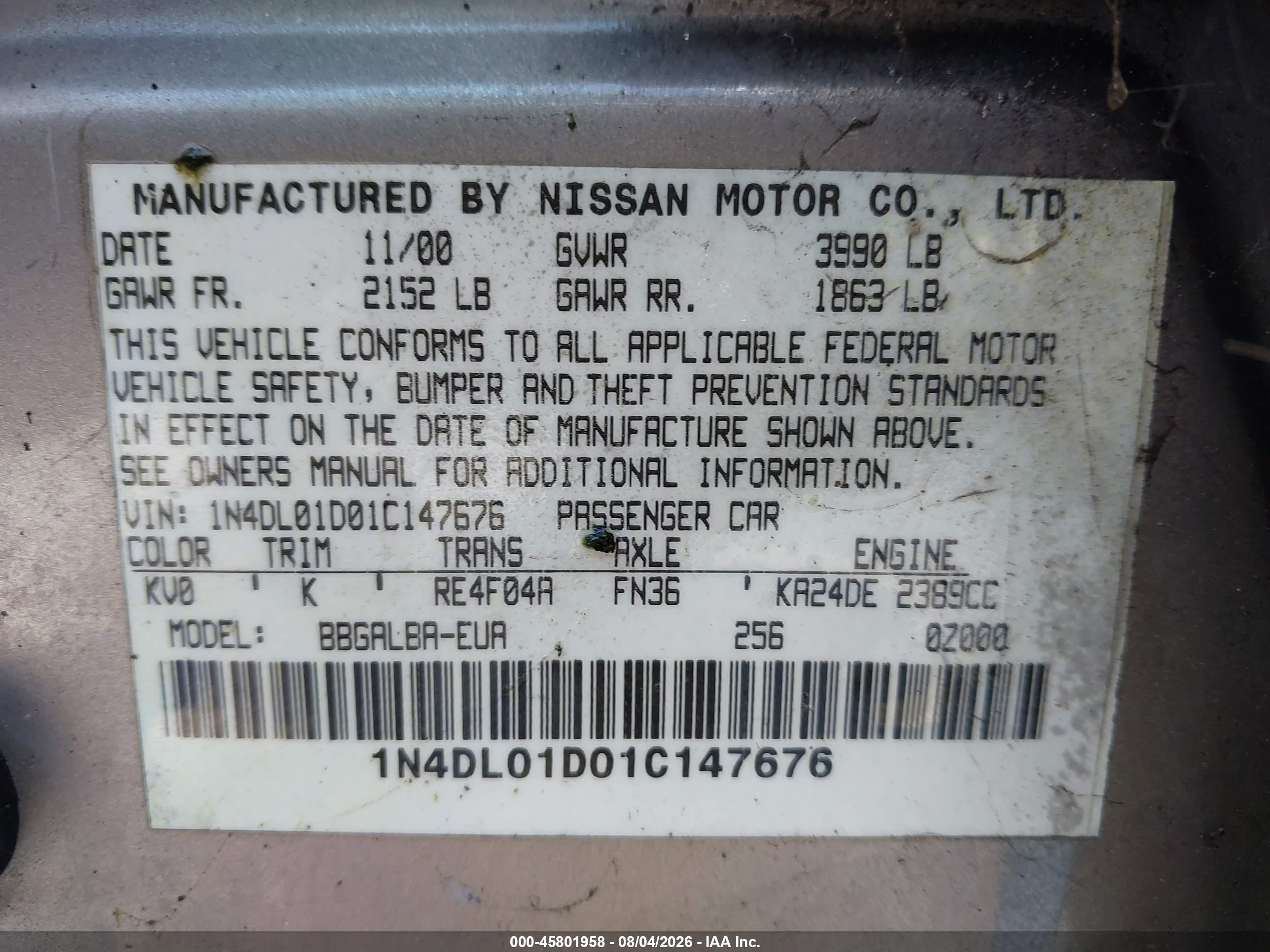 2001 Nissan Altima Gxe Gold vin: 1N4DL01D01C147676