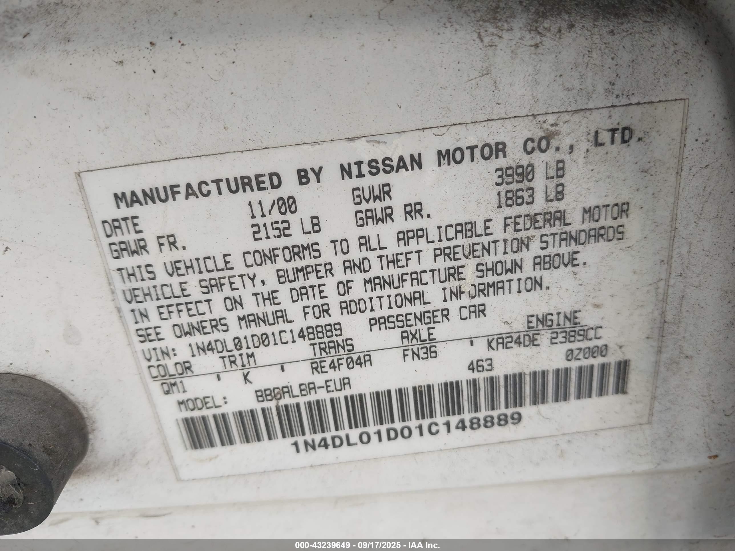 2001 Nissan Altima Gxe White vin: 1N4DL01D01C148889