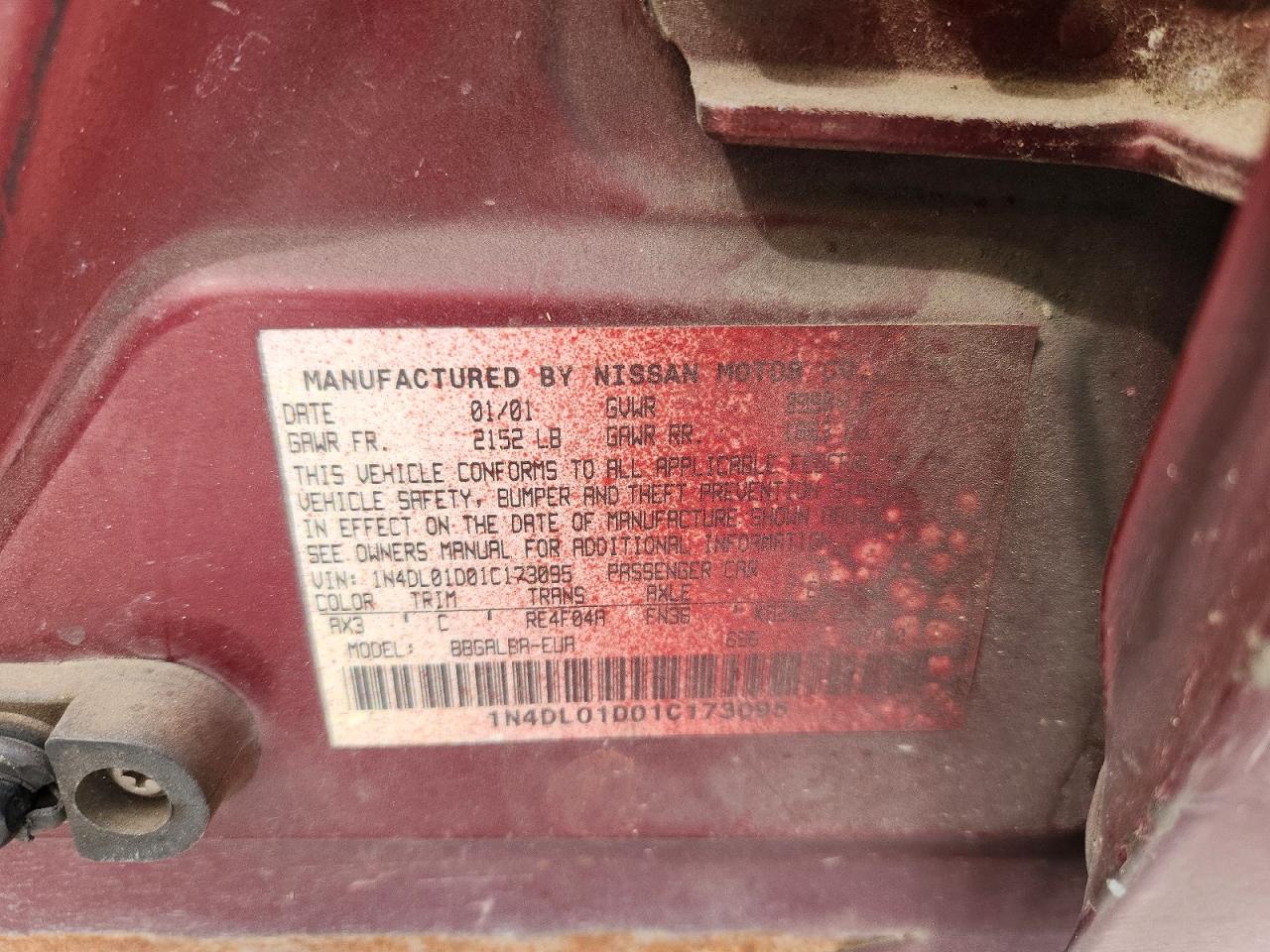 2001 Nissan Altima Xe Maroon vin: 1N4DL01D01C173095