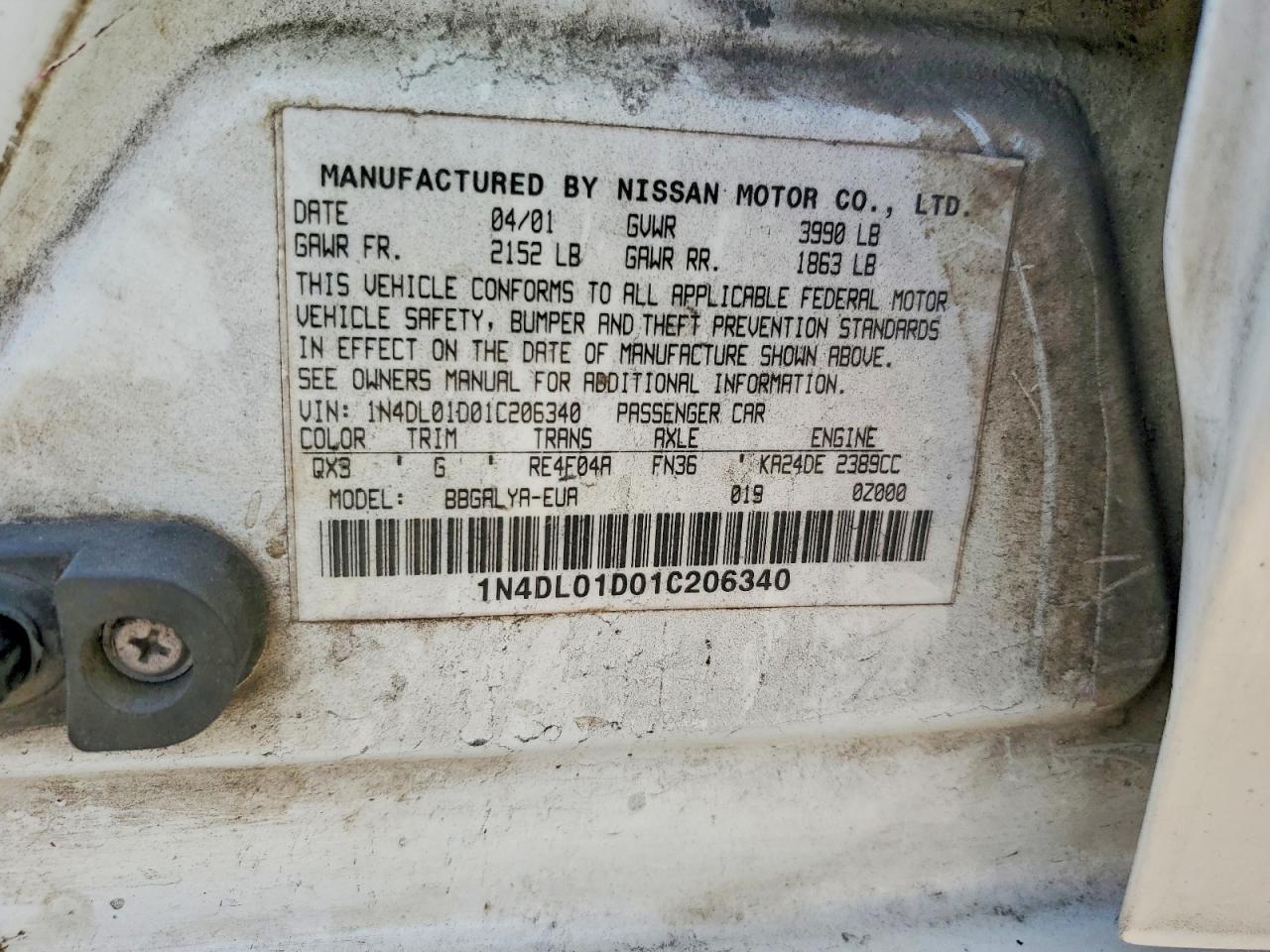 2001 Nissan Altima Xe White vin: 1N4DL01D01C206340
