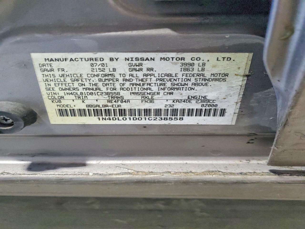2001 Nissan Altima Xe Gray vin: 1N4DL01D01C238558