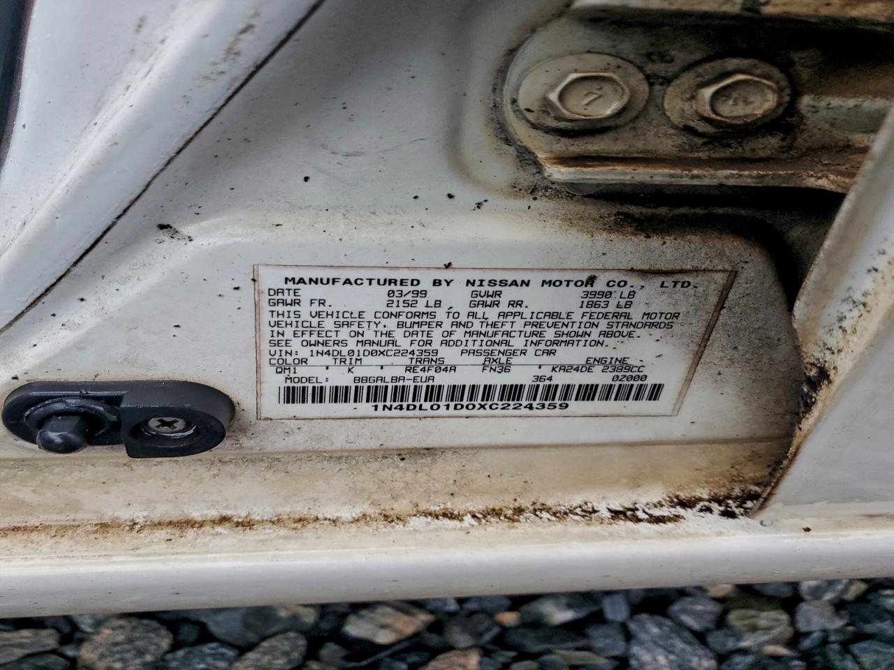1999 Nissan Altima Xe White vin: 1N4DL01D0XC224359