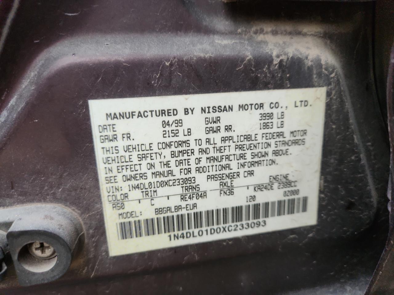 1999 Nissan Altima Xe Purple vin: 1N4DL01D0XC233093