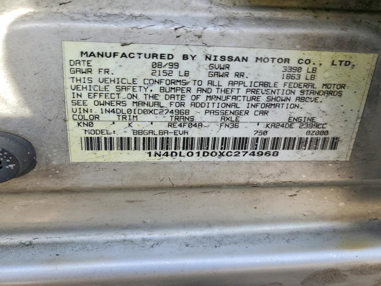 1999 Nissan Altima Silver vin: 1N4DL01D0XC274968