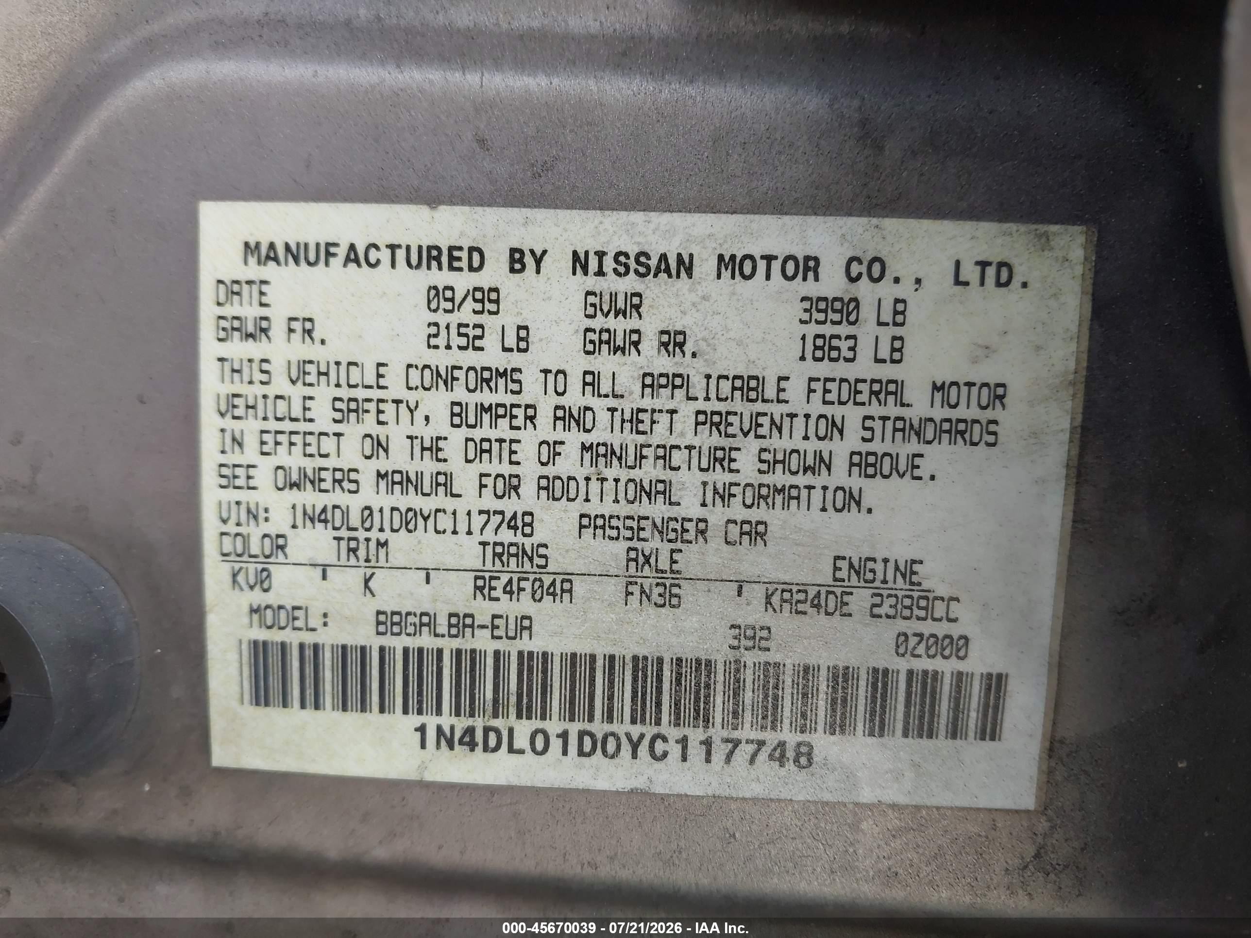 2000 Nissan Altima Gle/gxe/se/xe Champagne vin: 1N4DL01D0YC117748