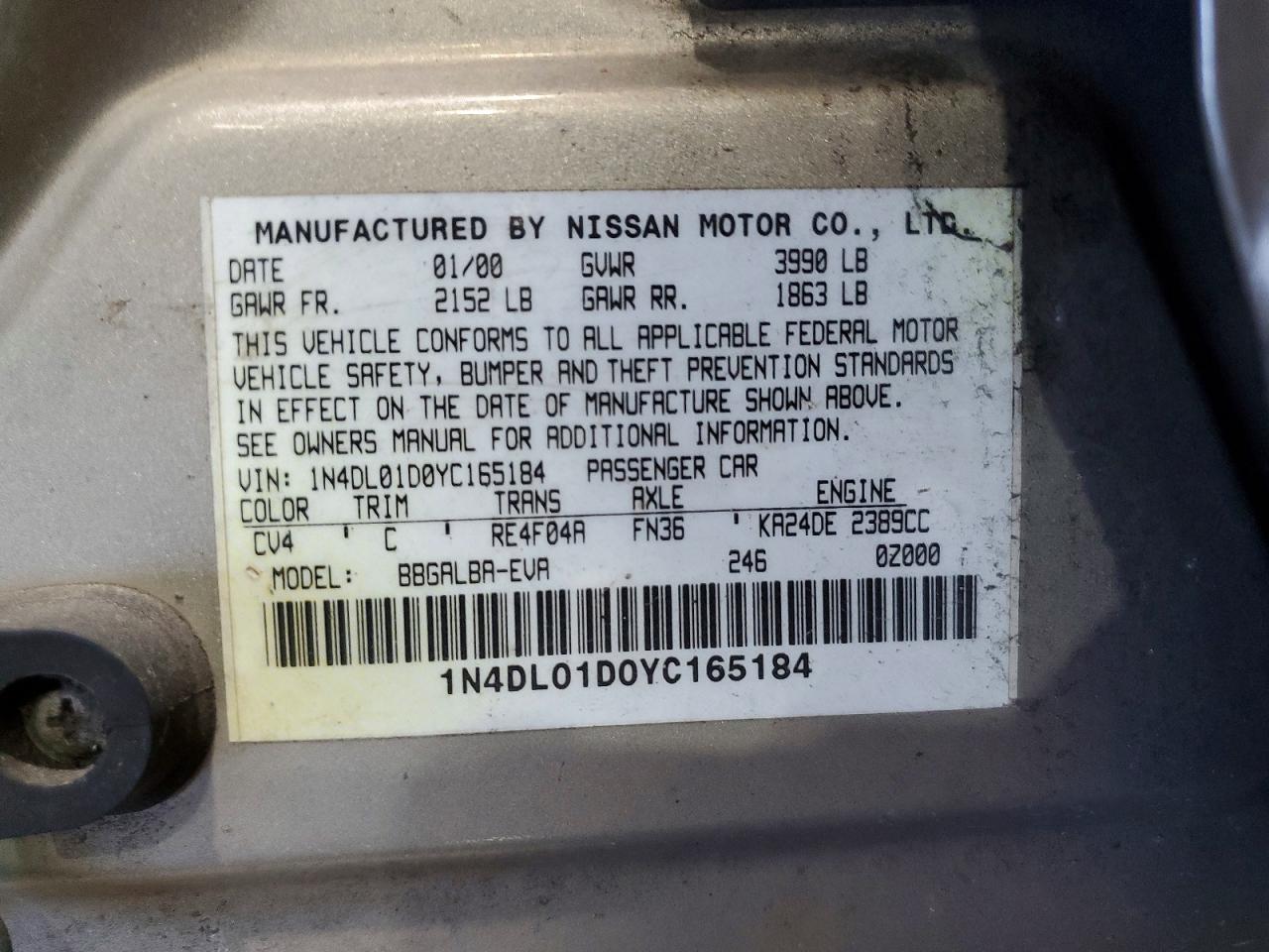 2000 Nissan Altima Xe/gxe/se/gle Beige vin: 1N4DL01D0YC165184