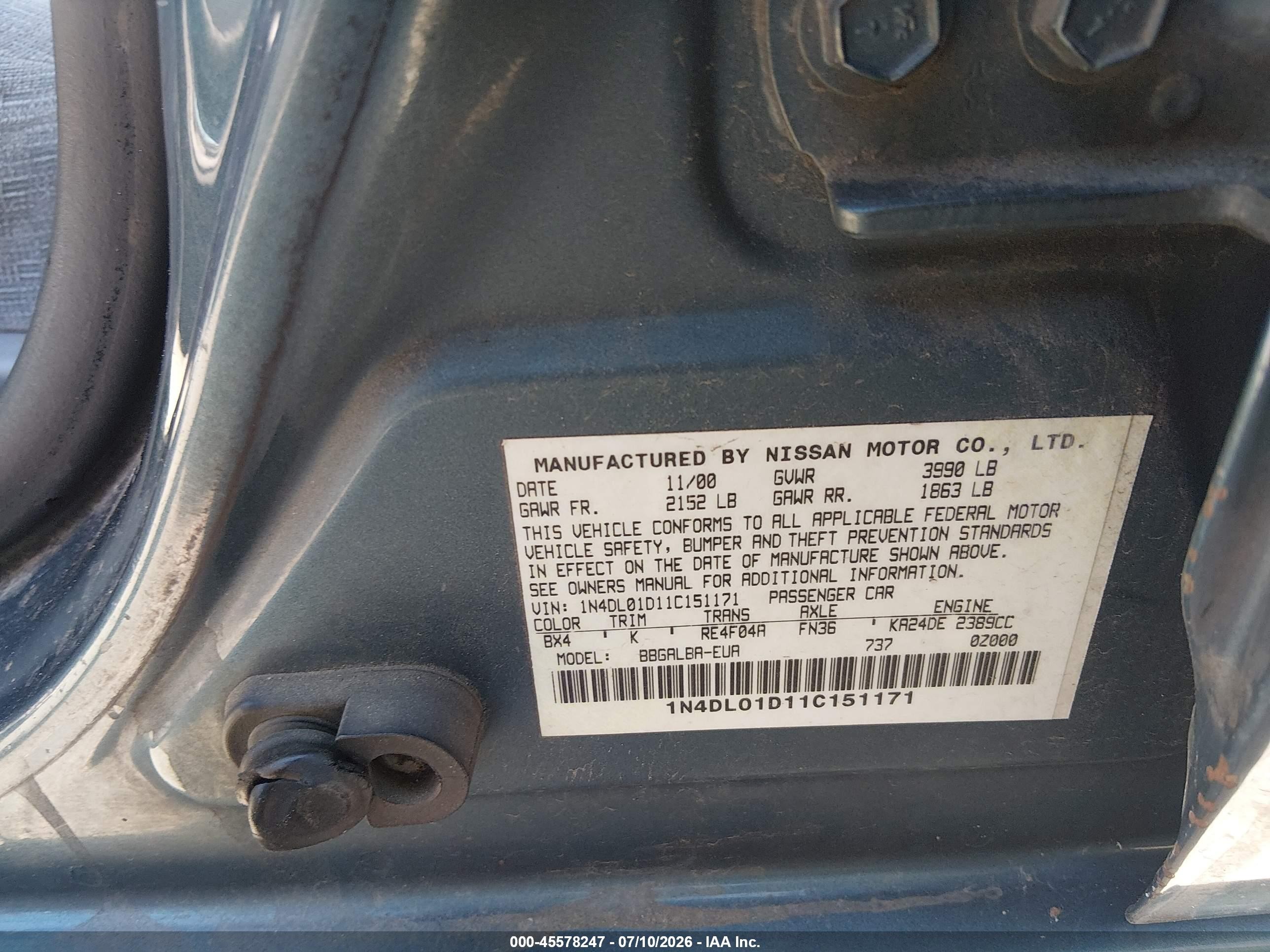 2001 Nissan Altima Gxe Gray vin: 1N4DL01D11C151171