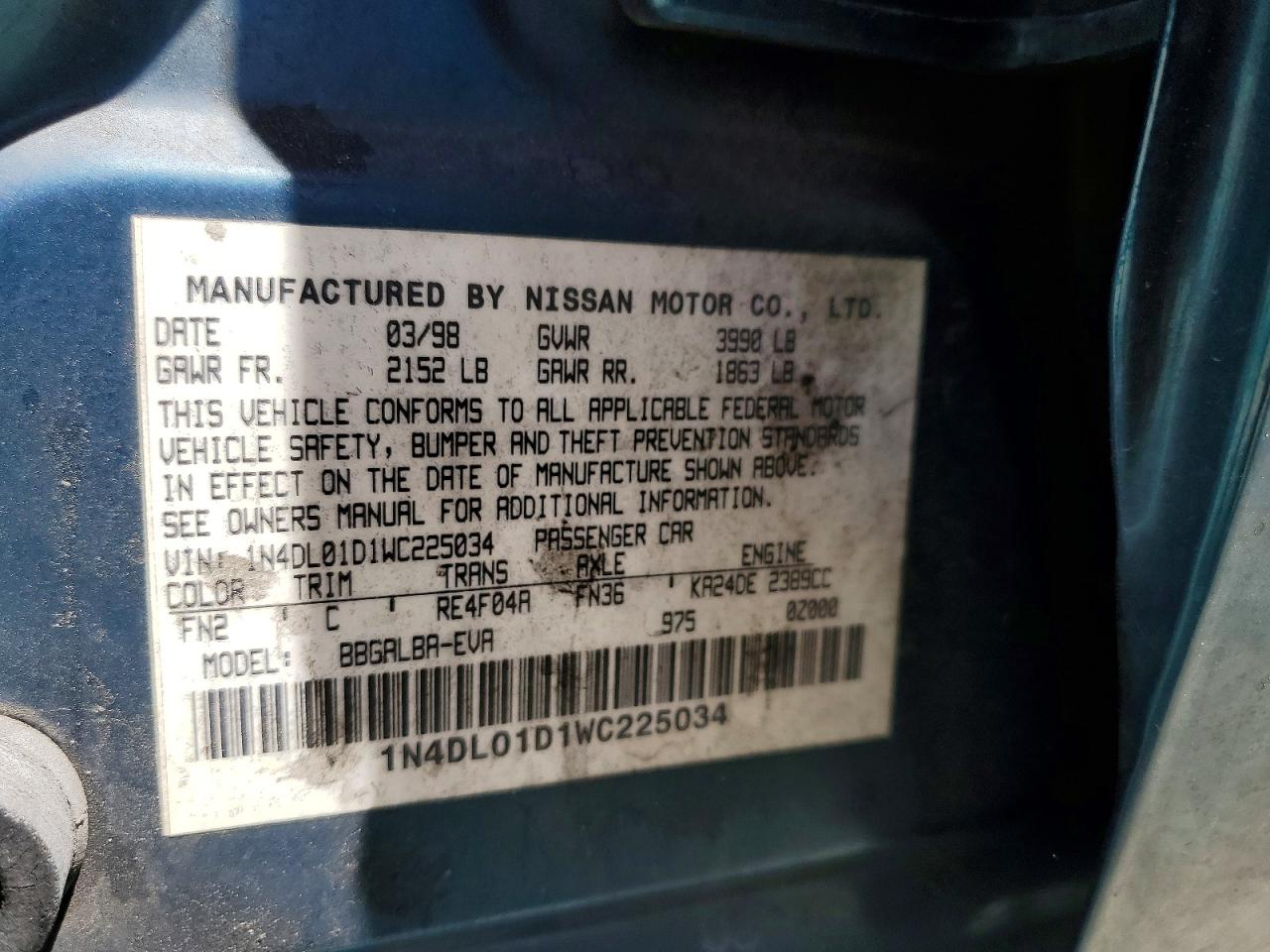 1998 Nissan Altima Xe Зеленый vin: 1N4DL01D1WC225034