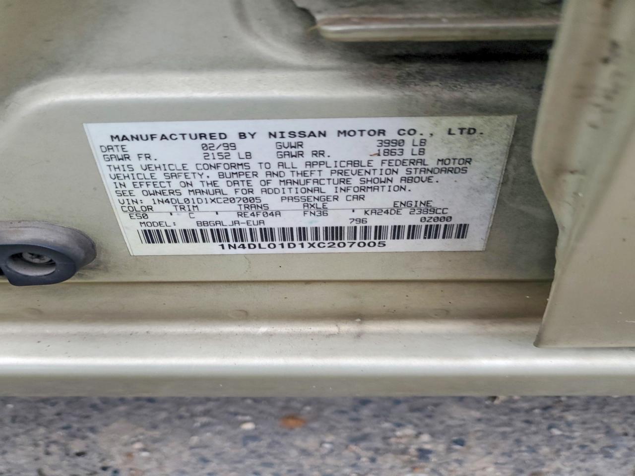 1999 Nissan Altima Xe Желто-коричневый vin: 1N4DL01D1XC207005