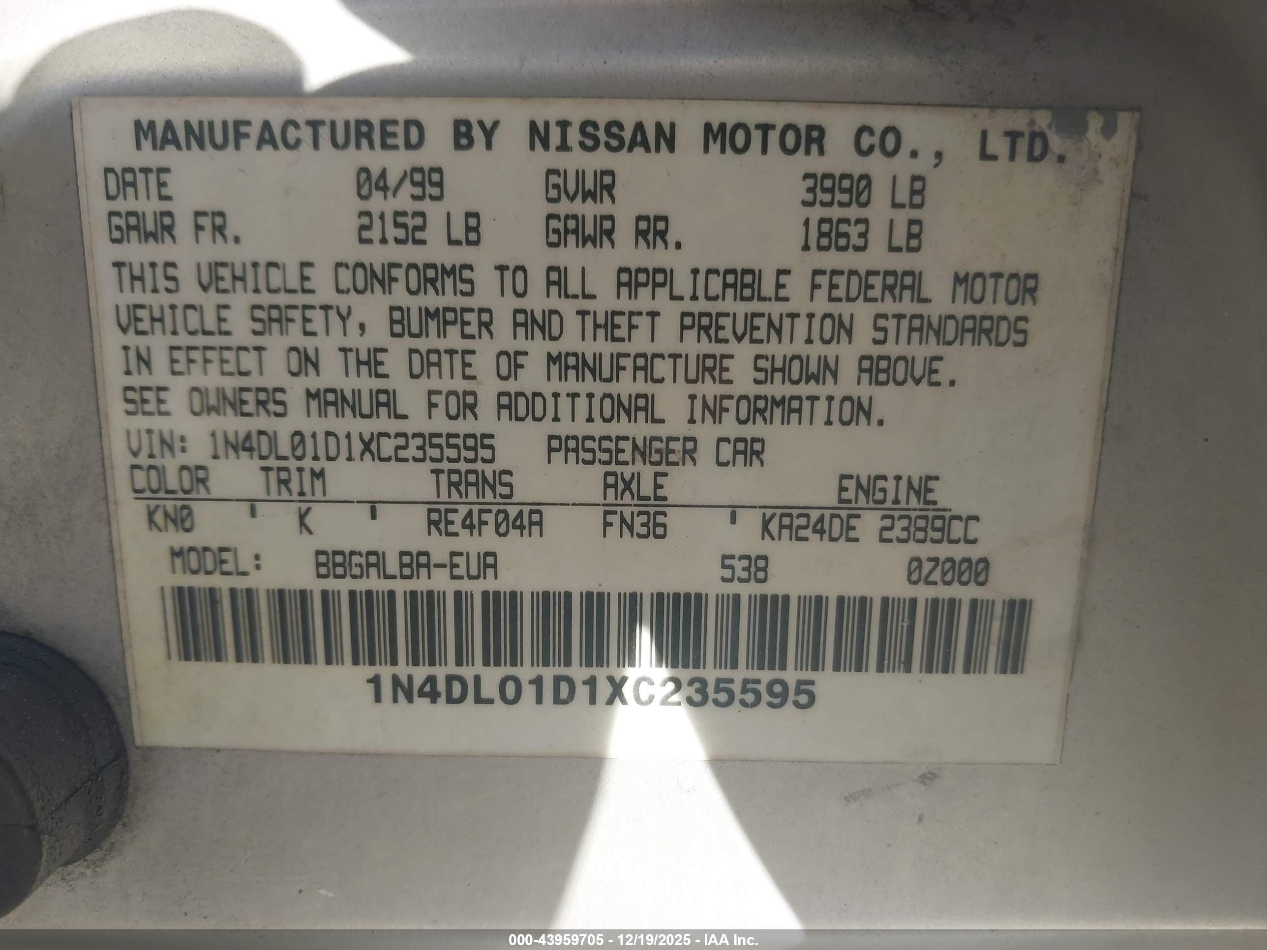 1999 Nissan Altima Gle/gxe/se/se-l/xe Silver vin: 1N4DL01D1XC235595