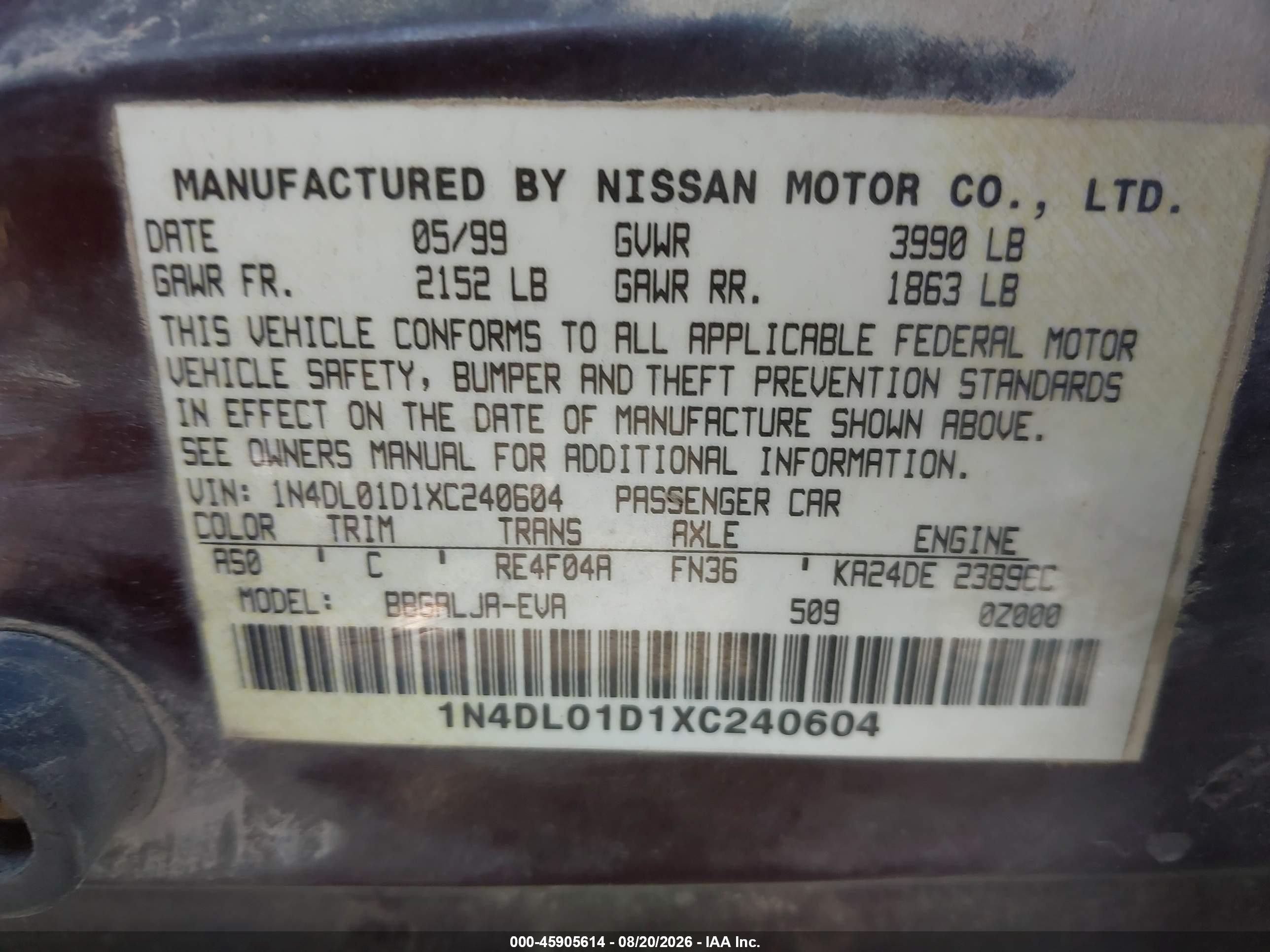 1999 Nissan Altima Gle/gxe/se/se-l/xe Blue vin: 1N4DL01D1XC240604