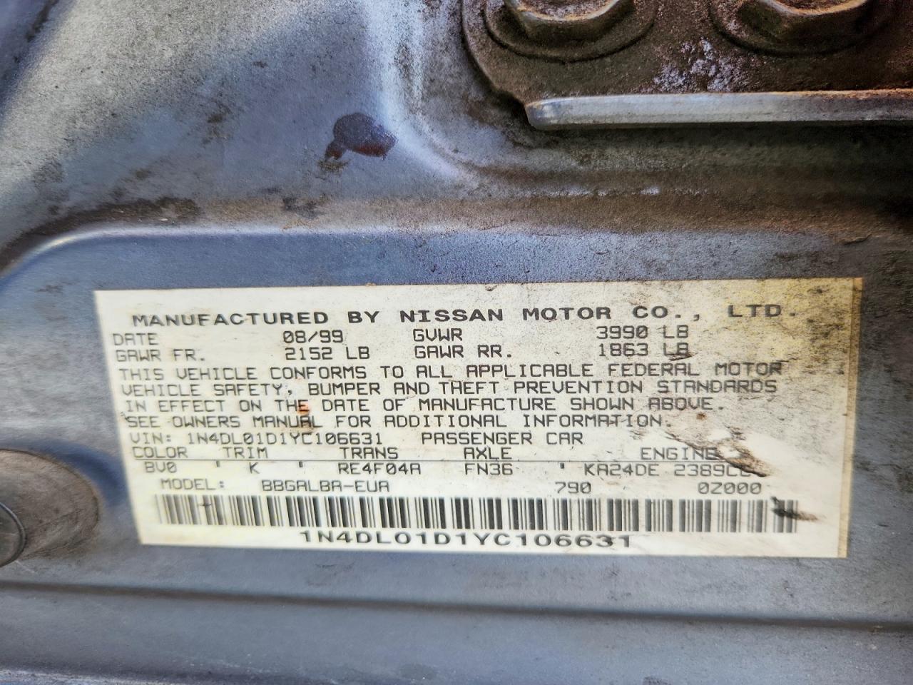 2000 Nissan Altima Xe Blue vin: 1N4DL01D1YC106631