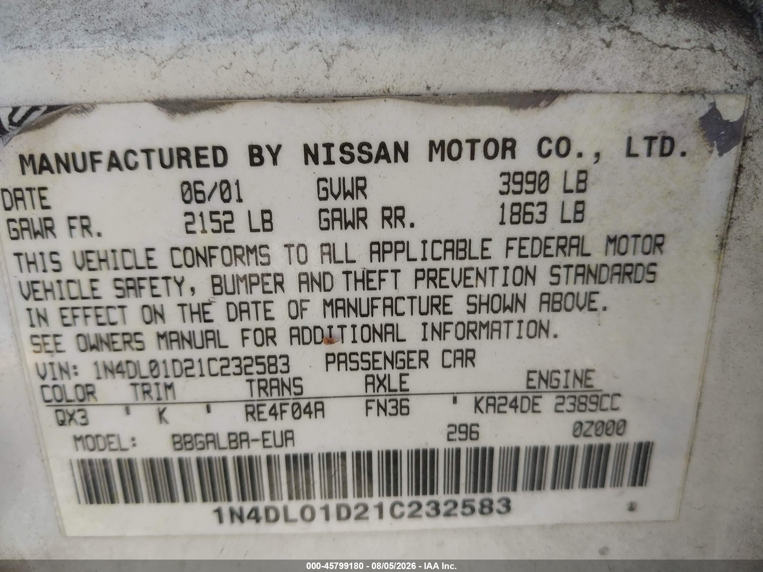 2001 Nissan Altima Gxe White vin: 1N4DL01D21C232583