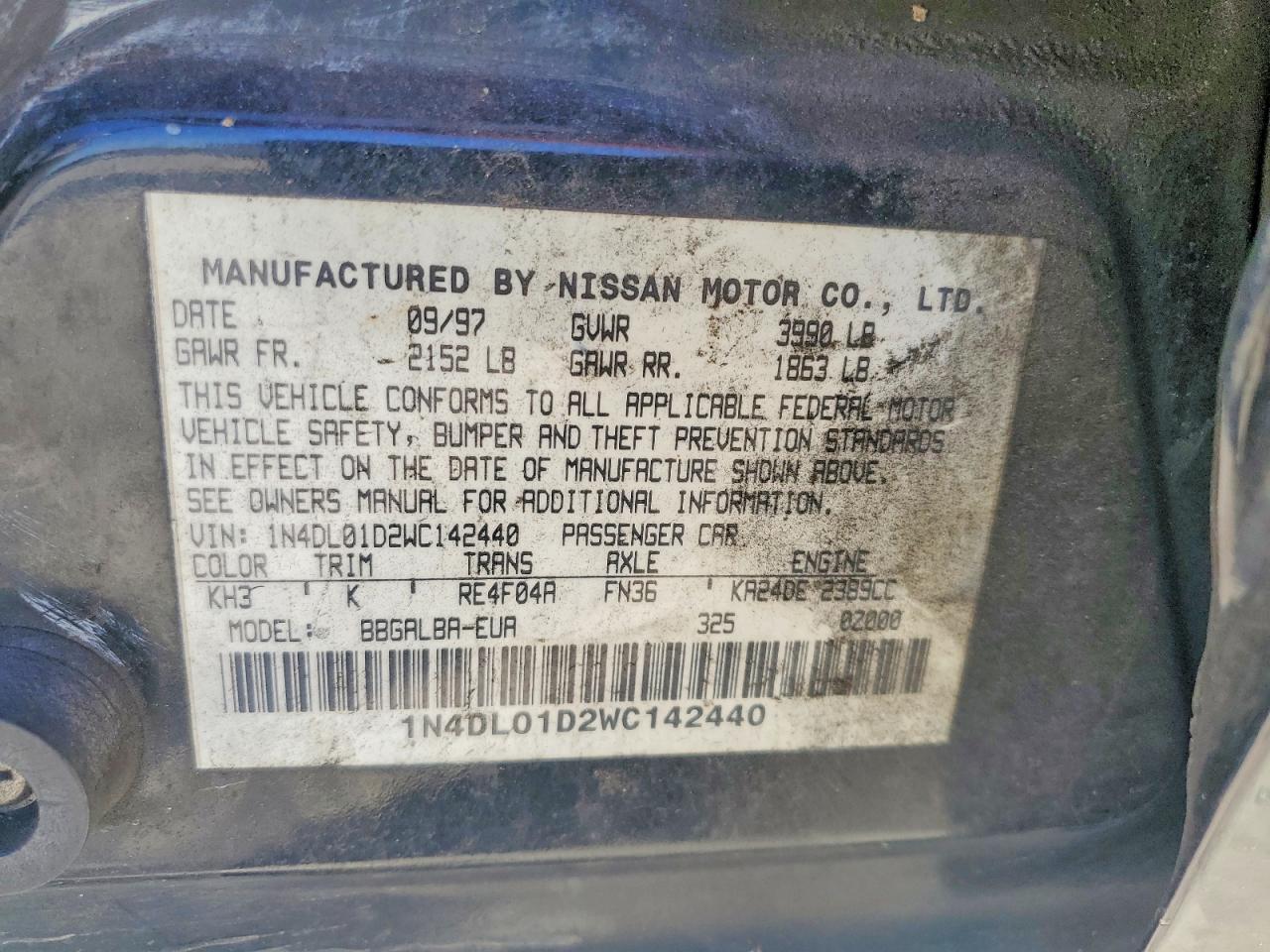 1998 Nissan Altima Xe Black vin: 1N4DL01D2WC142440