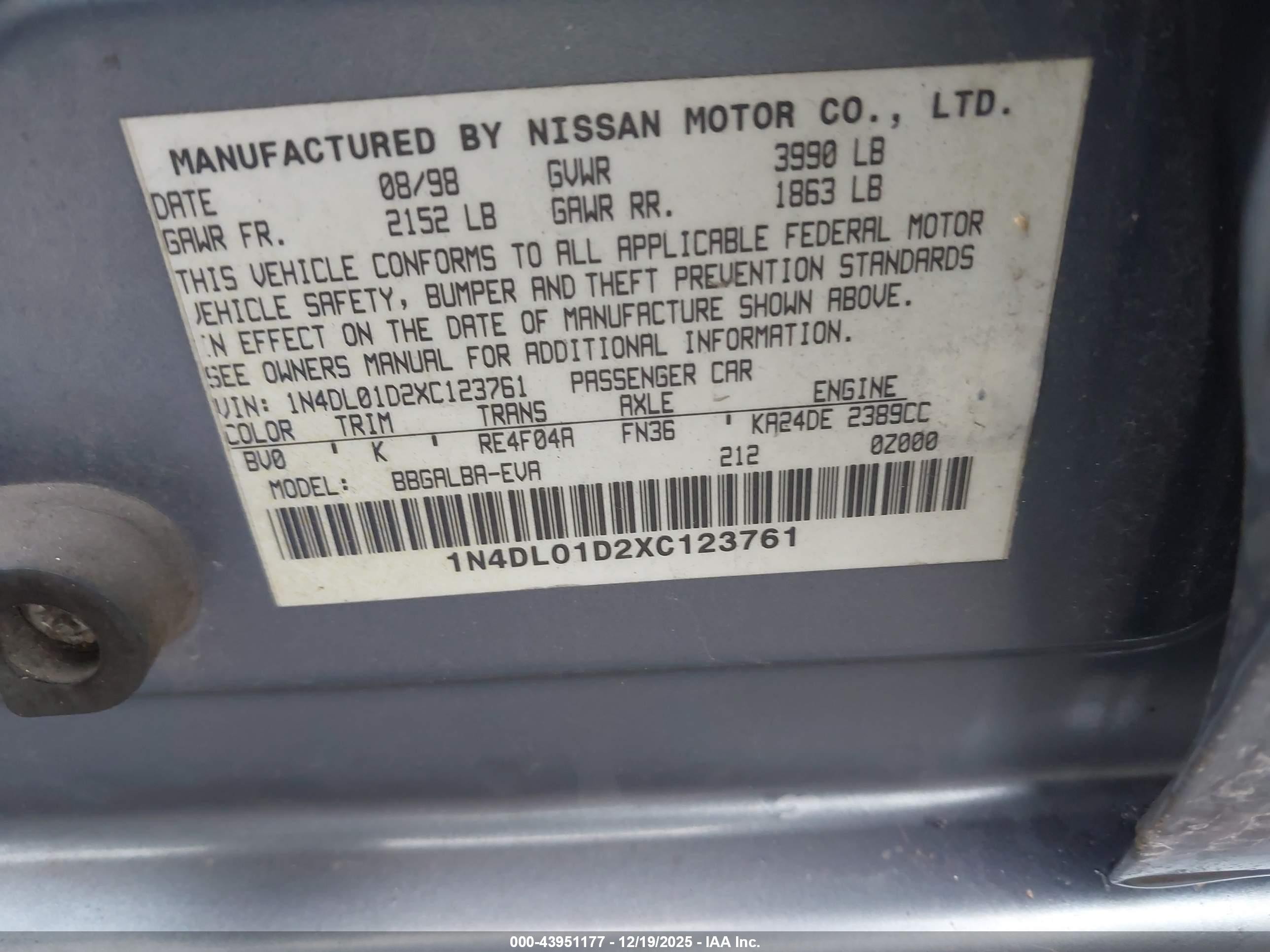 1999 Nissan Altima Gle/gxe/se/se-l/xe Blue vin: 1N4DL01D2XC123761