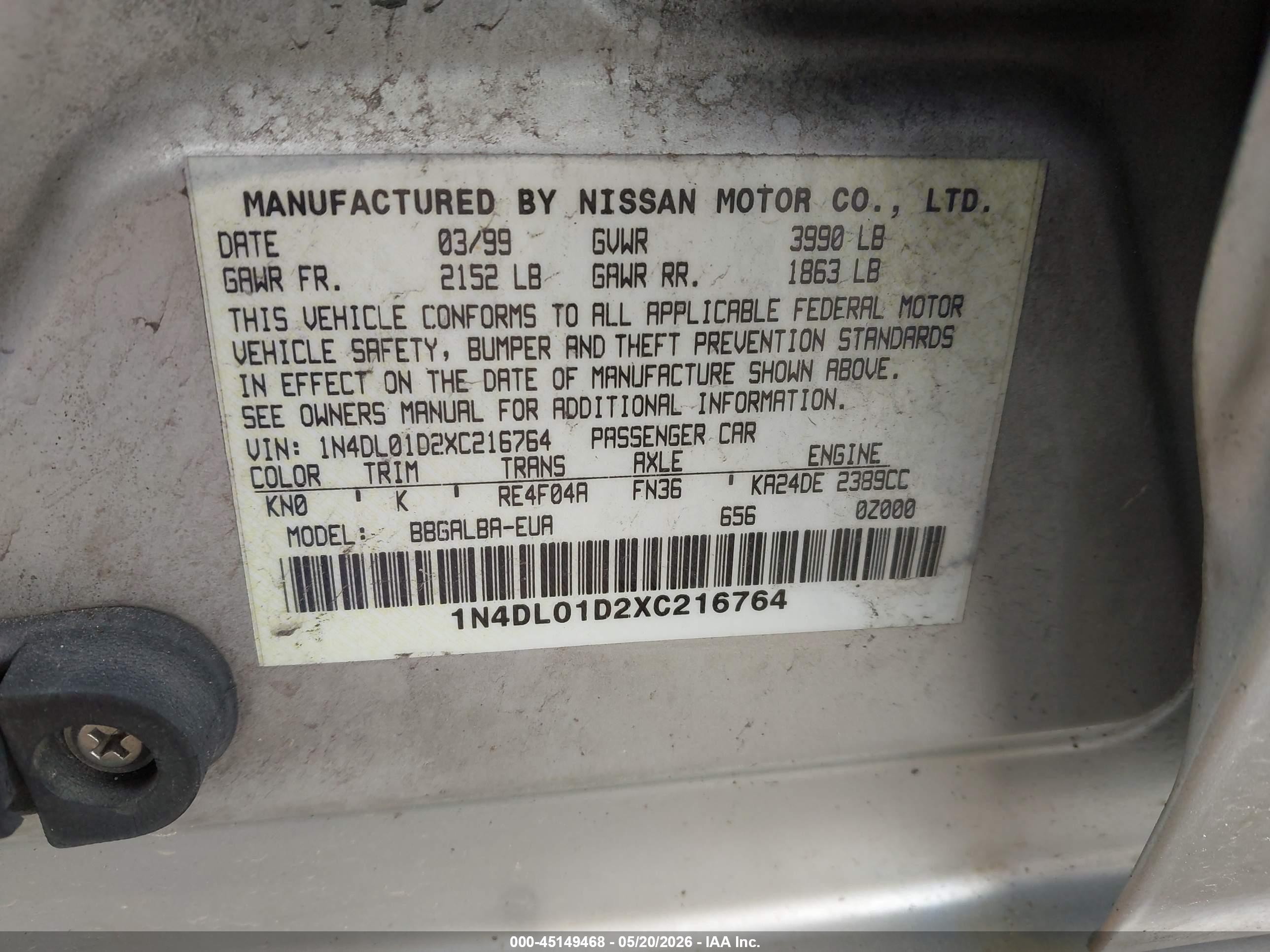 1999 Nissan Altima Gle/gxe/se/se-l/xe Silver vin: 1N4DL01D2XC216764