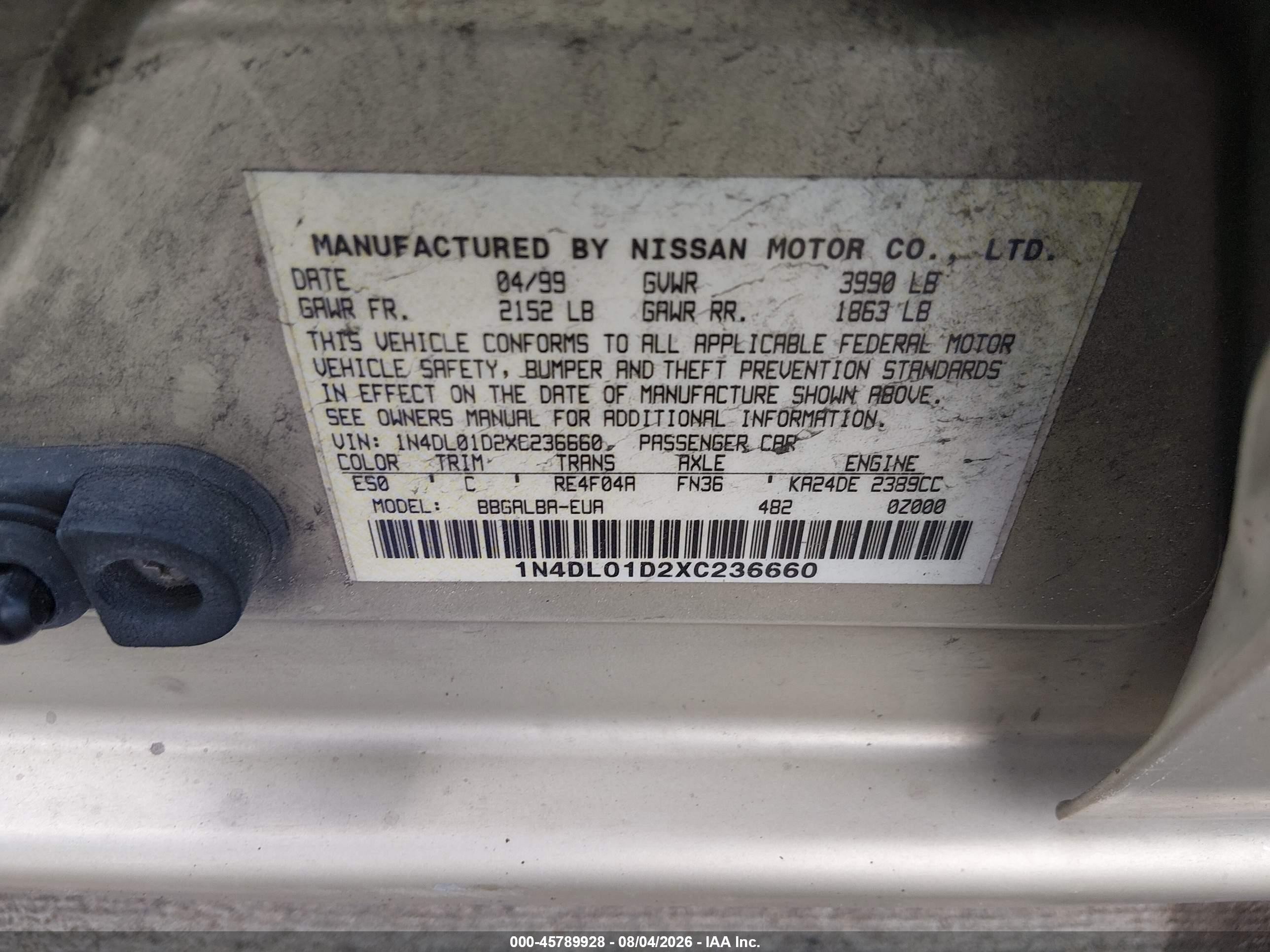 1999 Nissan Altima Xe/gxe/se/gle Silver vin: 1N4DL01D2XC236660