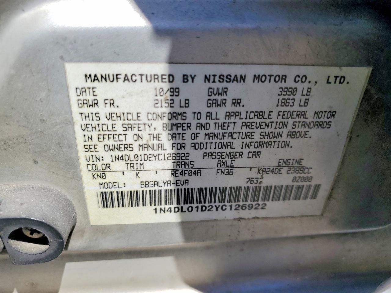 2000 Nissan Altima Xe Silver vin: 1N4DL01D2YC126922