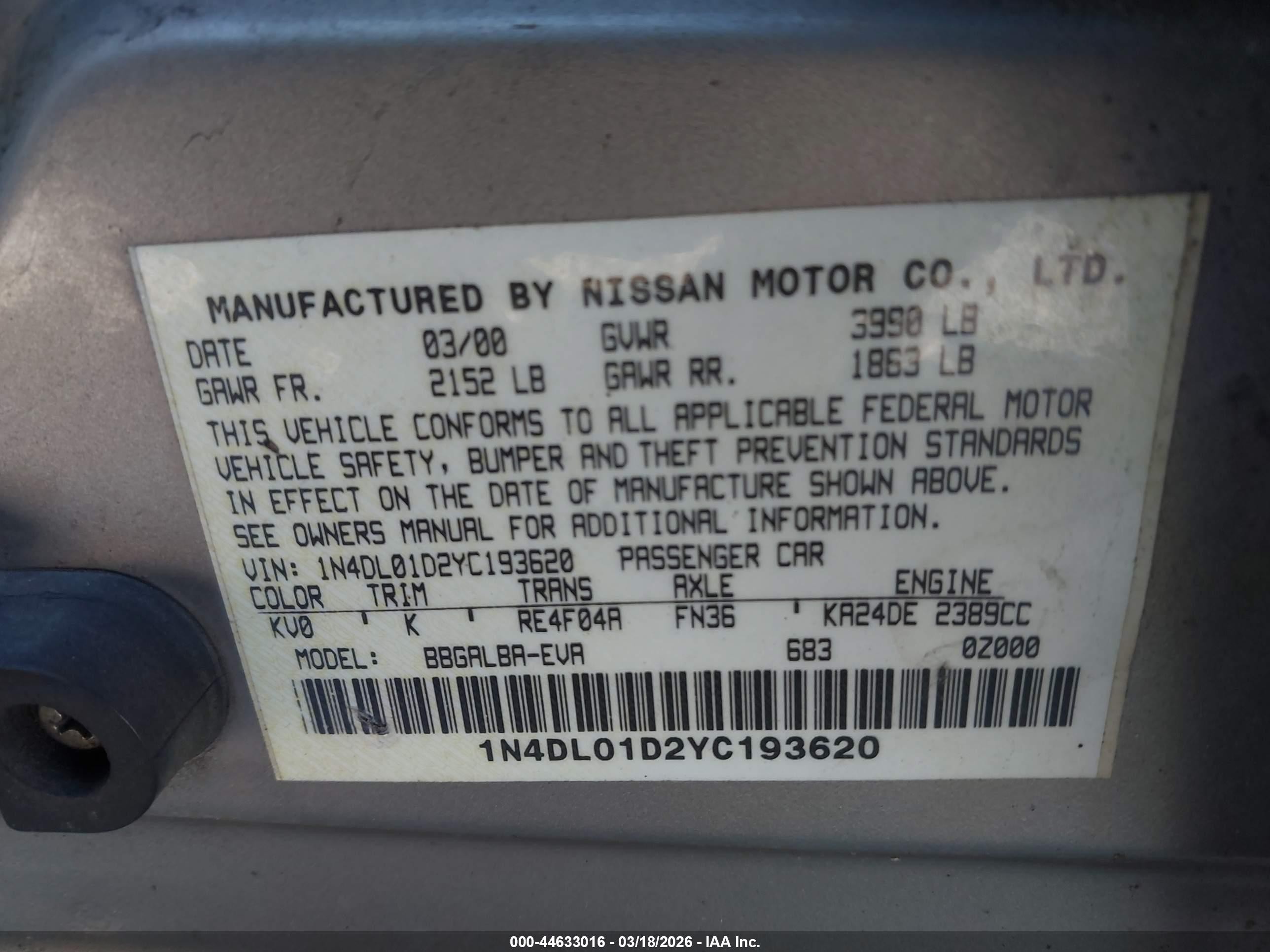2000 Nissan Altima Gle/gxe/se/xe Silver vin: 1N4DL01D2YC193620
