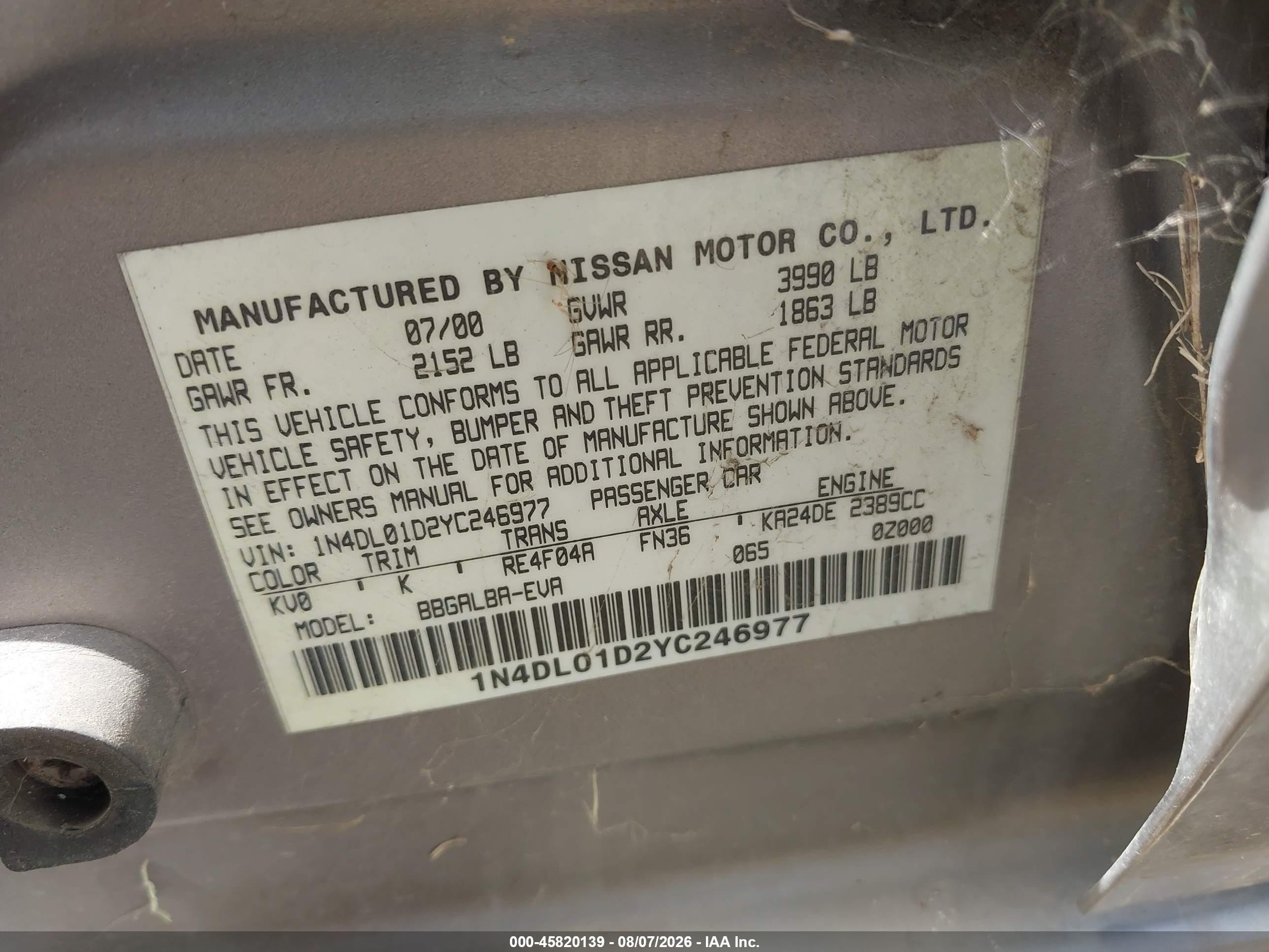 2000 Nissan Altima Gle/gxe/se/xe Silver vin: 1N4DL01D2YC246977