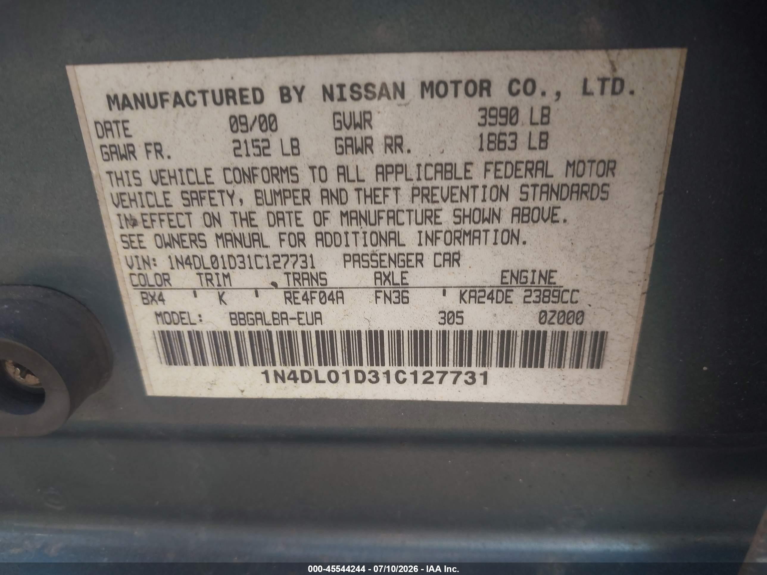 2001 Nissan Altima Gxe Blue vin: 1N4DL01D31C127731