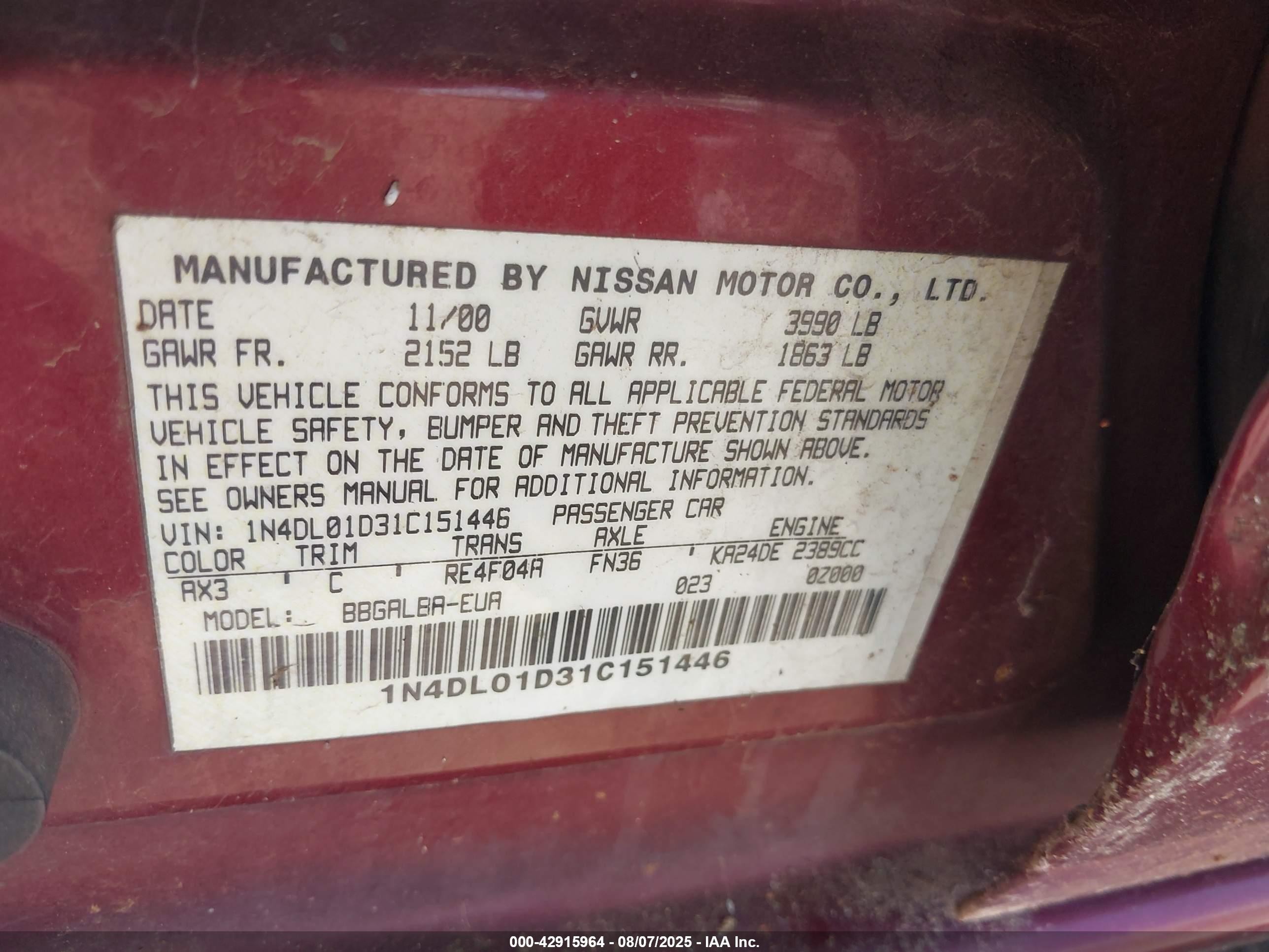2001 Nissan Altima Gxe Red vin: 1N4DL01D31C151446