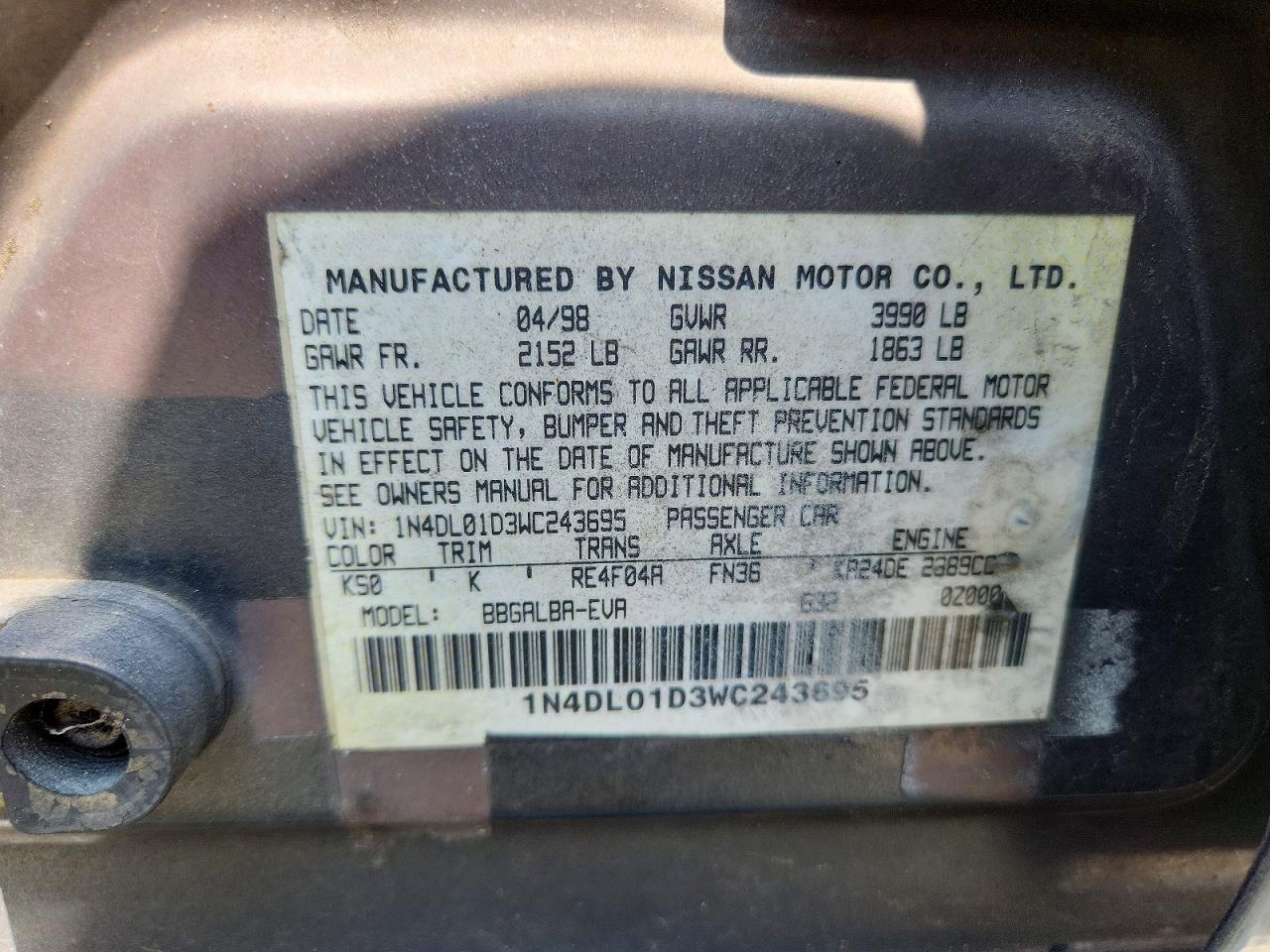 1998 Nissan Altima Xe Gray vin: 1N4DL01D3WC243695