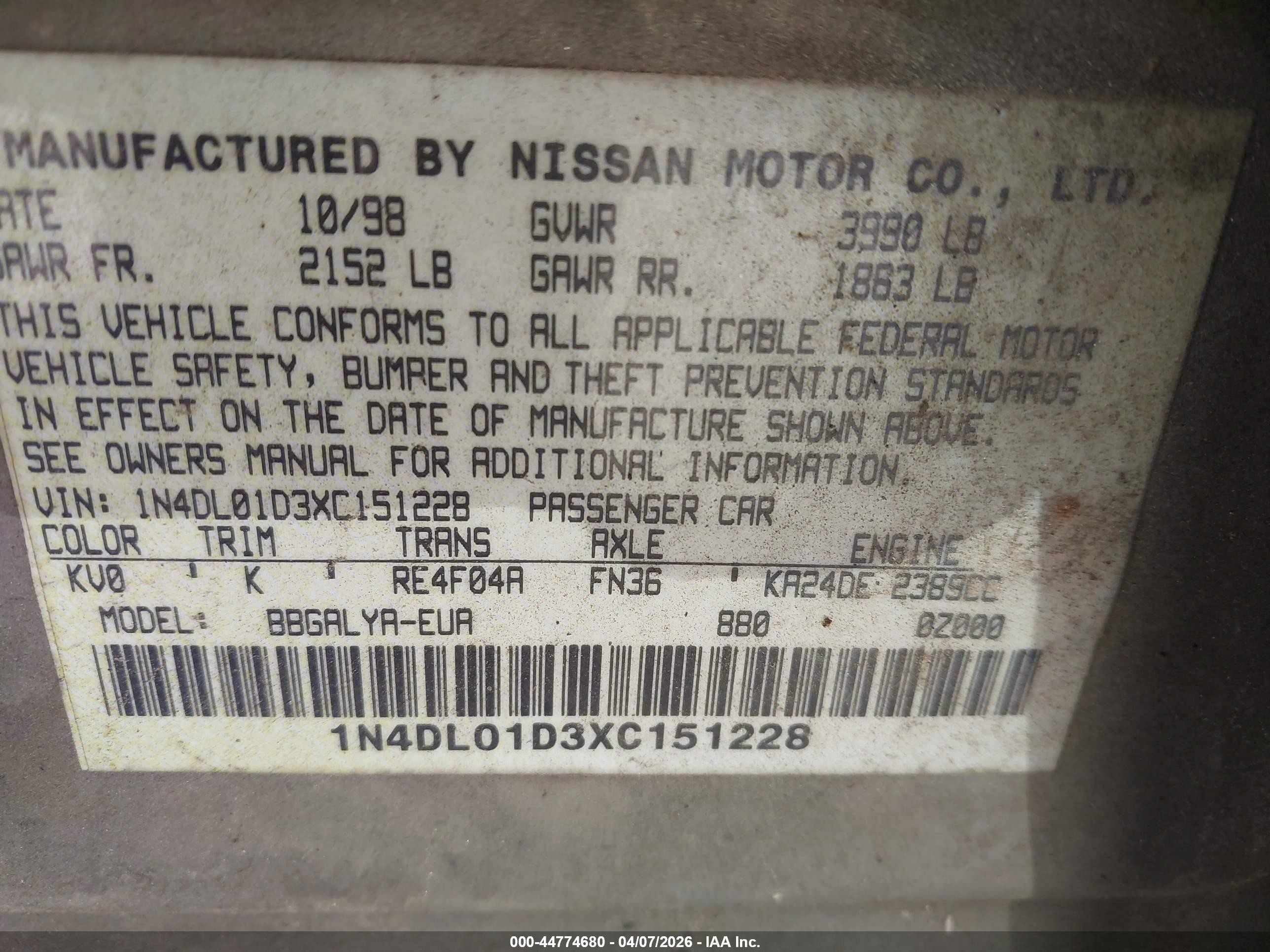 1999 Nissan Altima Gle/gxe/se/se-l/xe Beige vin: 1N4DL01D3XC151228