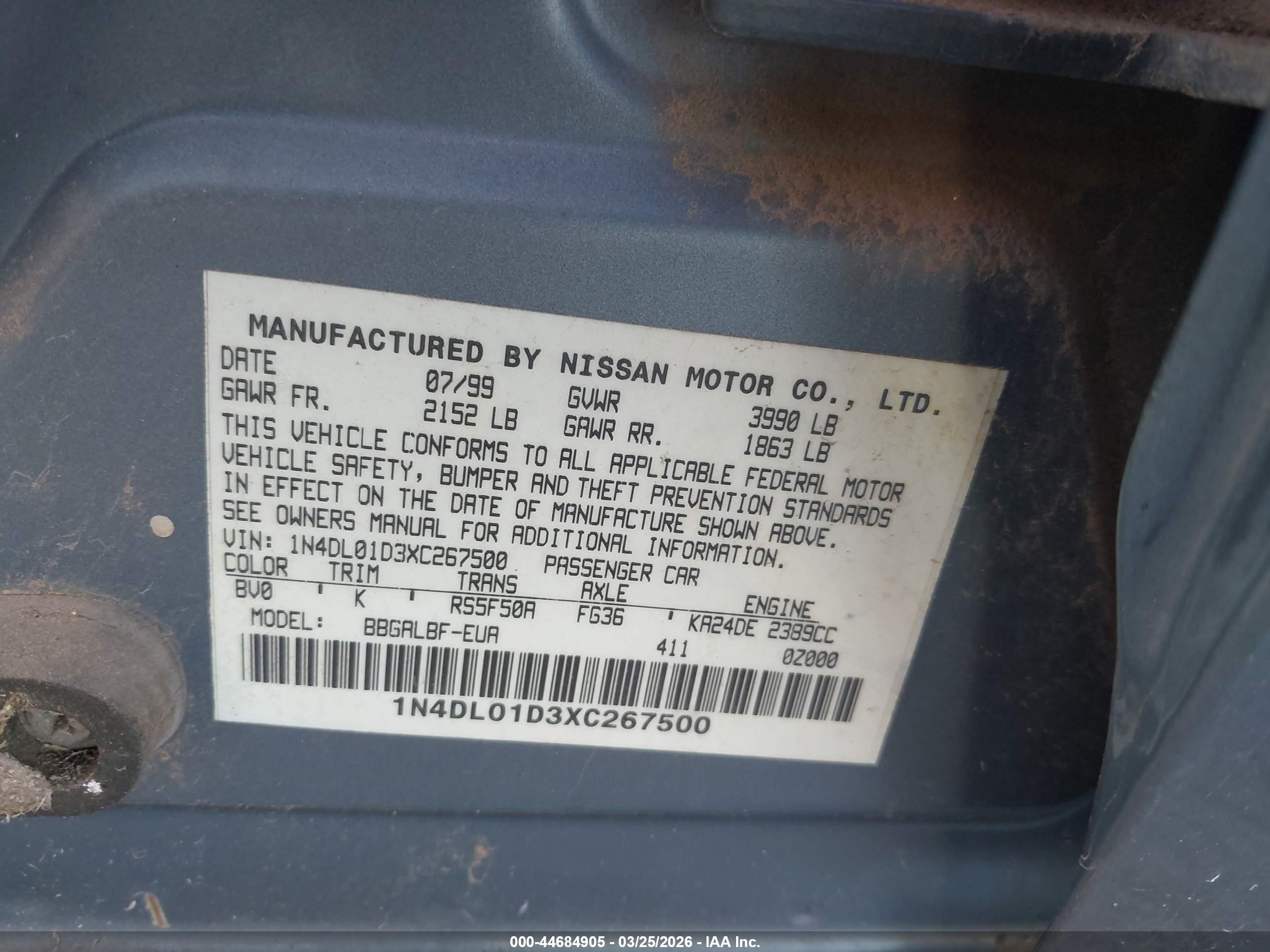 1999 Nissan Altima Gle/gxe/se/se-l/xe Gray vin: 1N4DL01D3XC267500