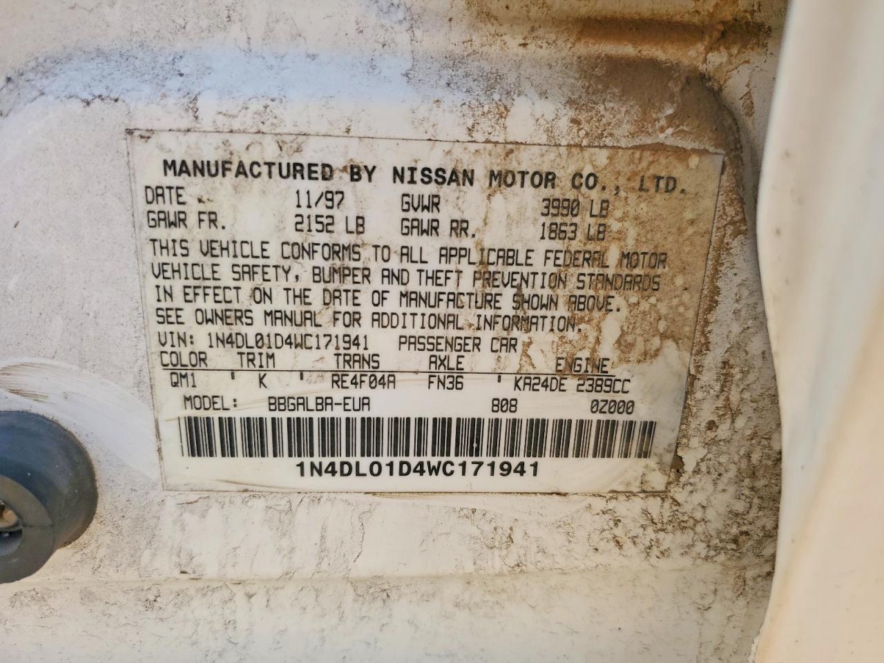 1998 Nissan Altima Xe White vin: 1N4DL01D4WC171941
