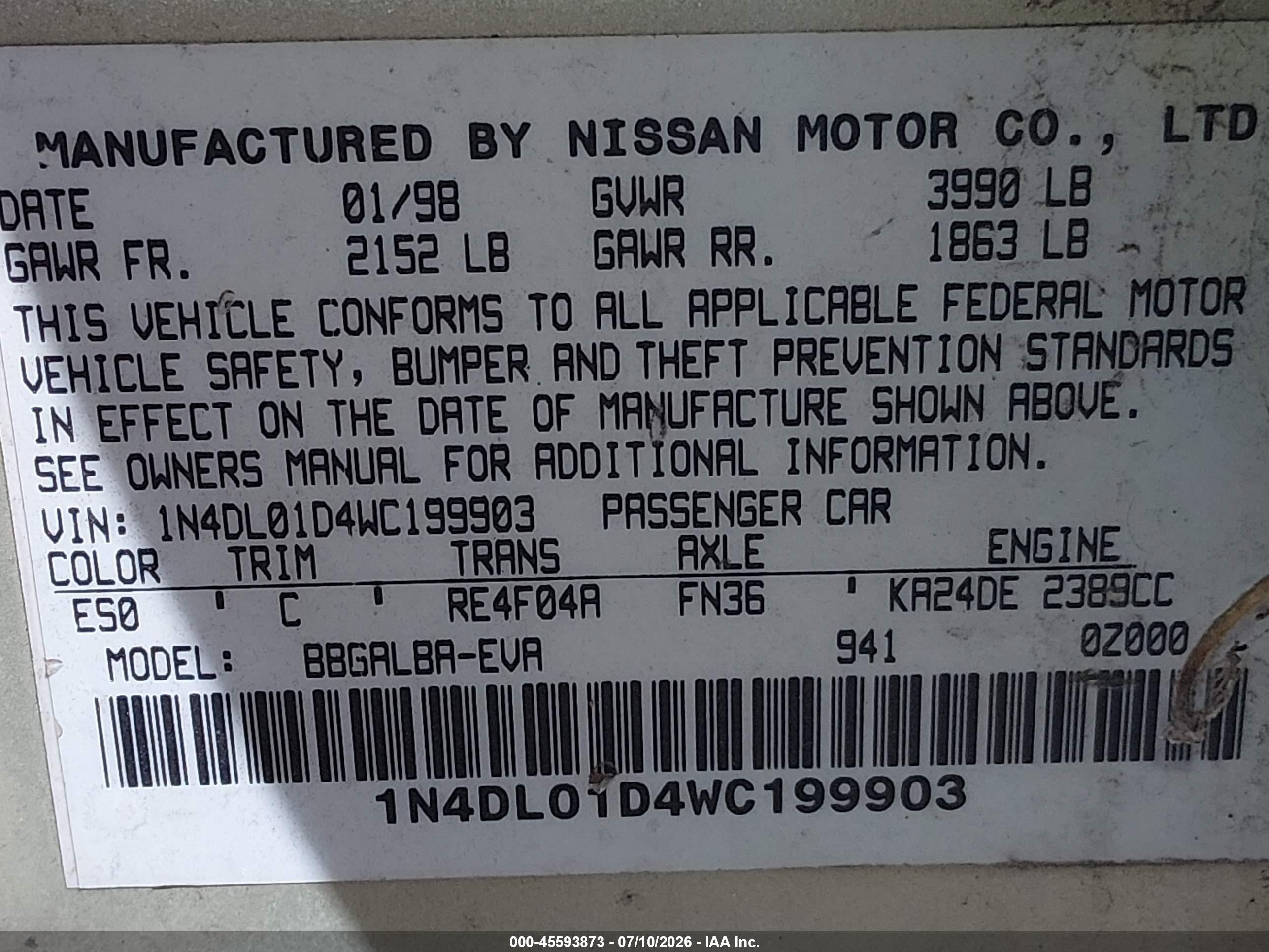 1998 Nissan Altima Gle/gxe/se/xe Золотой vin: 1N4DL01D4WC199903