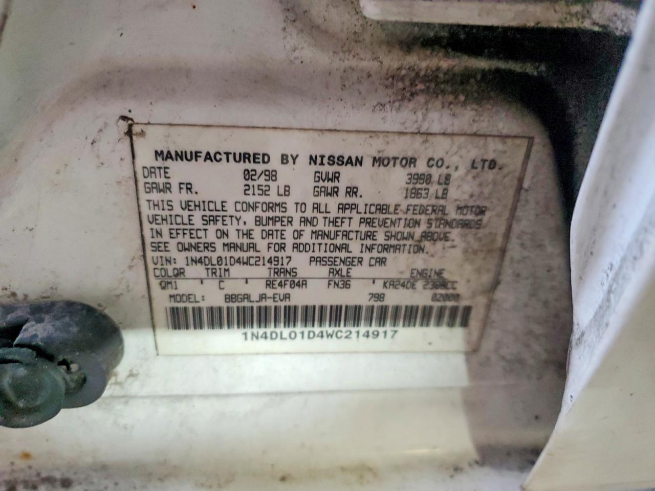 1998 Nissan Altima Xe White vin: 1N4DL01D4WC214917