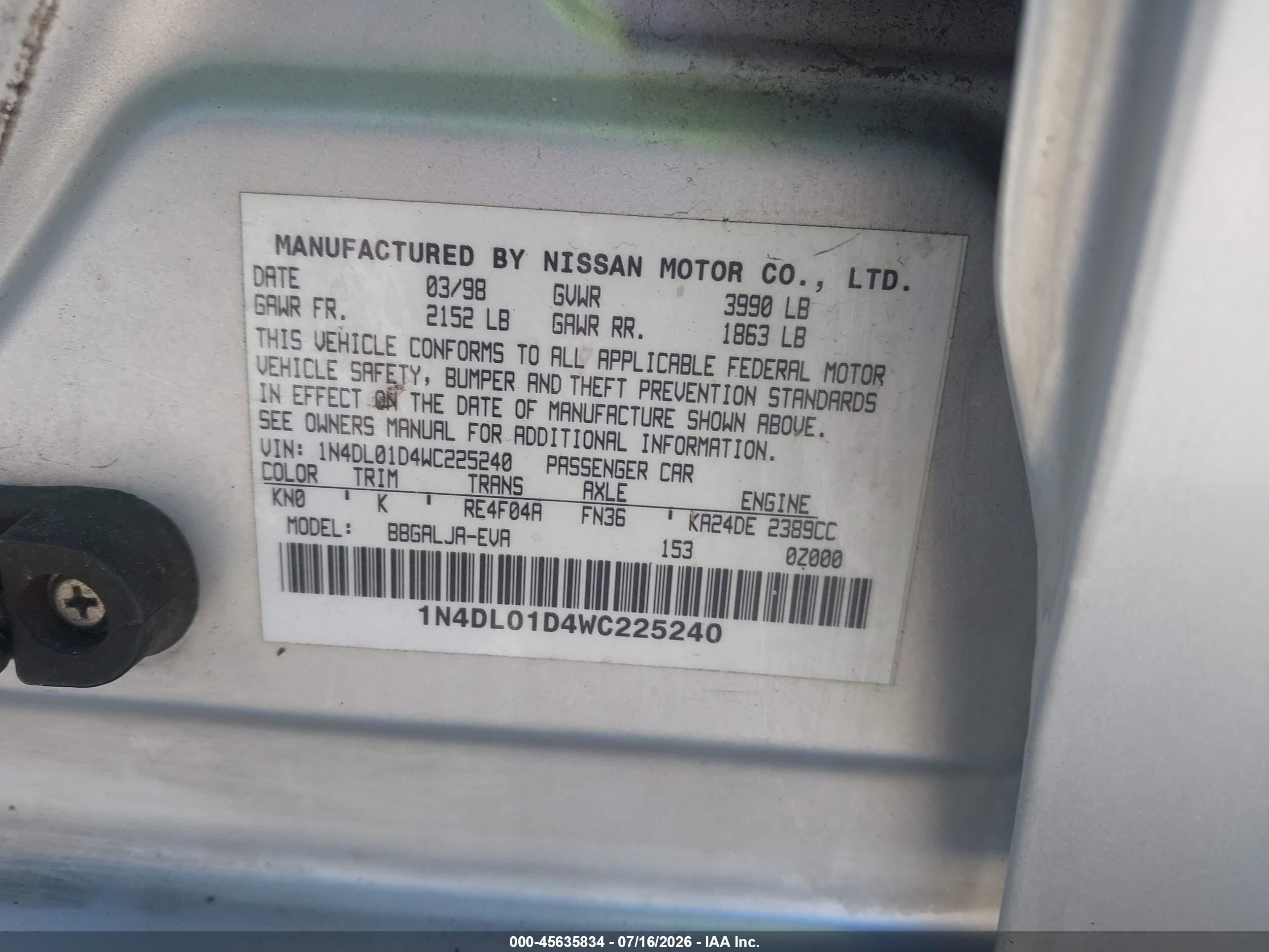 1998 Nissan Altima Gle/gxe/se/xe Silver vin: 1N4DL01D4WC225240