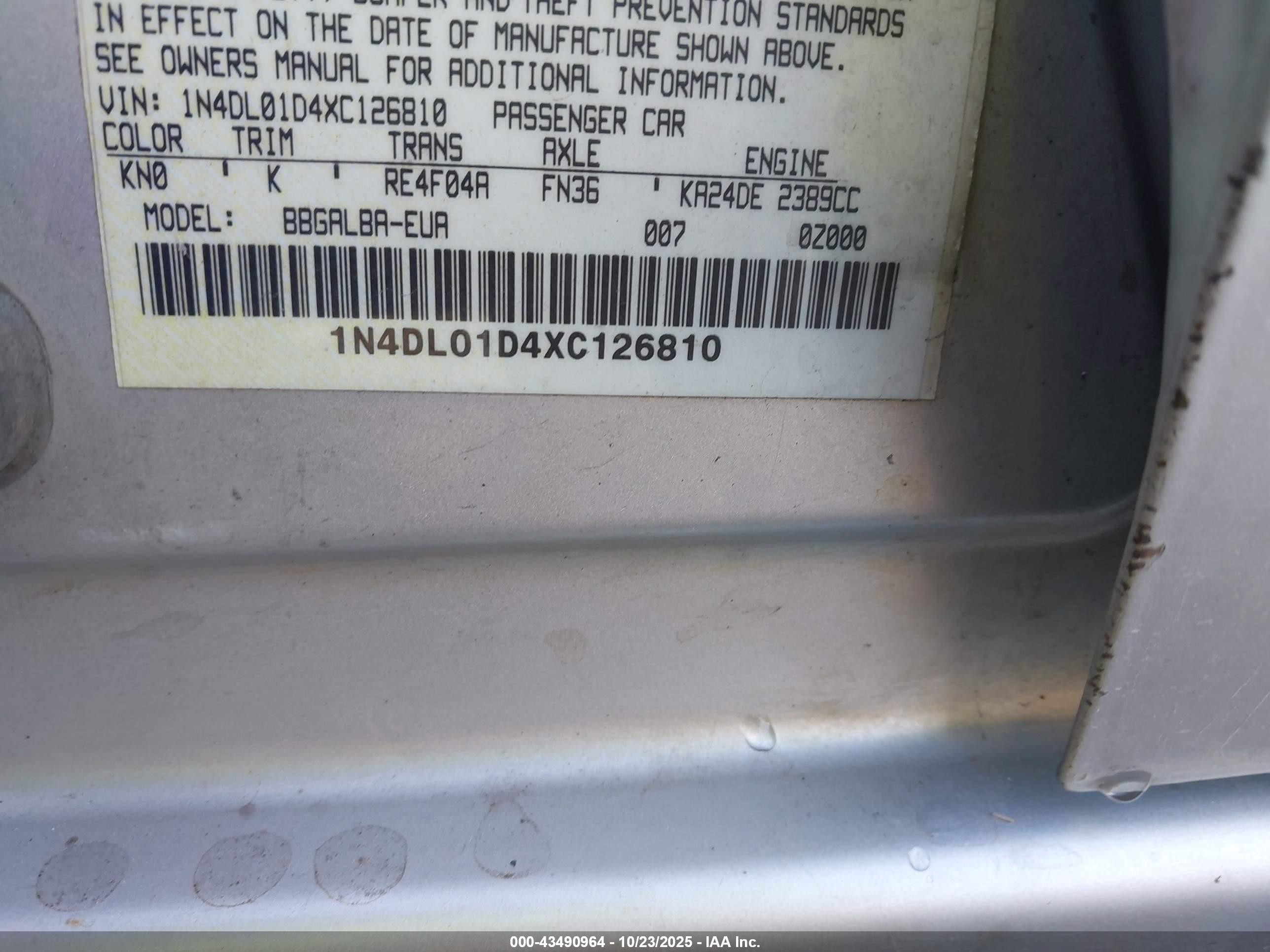 1999 Nissan Altima Gle/gxe/se/se-l/xe Silver vin: 1N4DL01D4XC126810