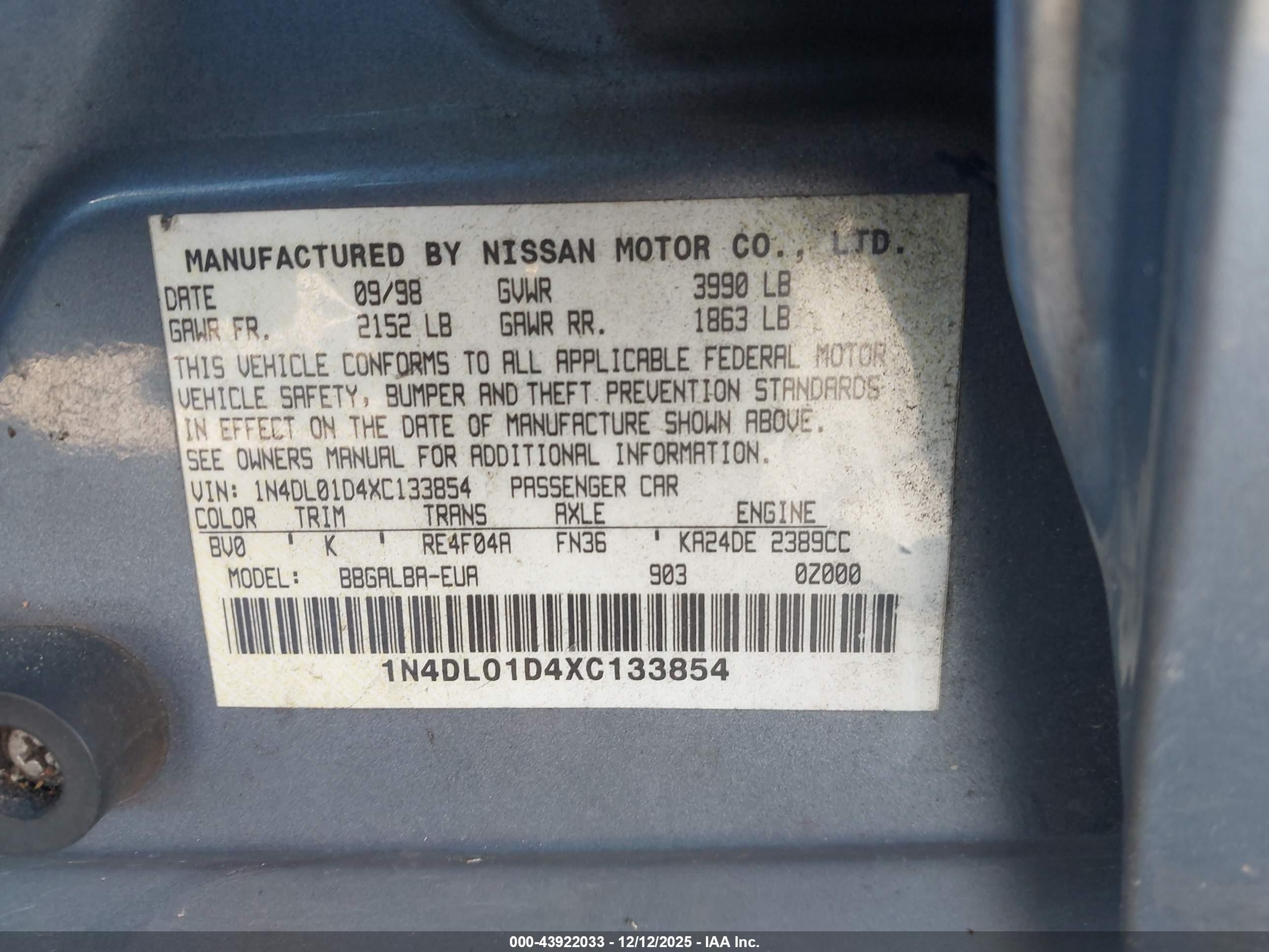 1999 Nissan Altima Gle/gxe/se/se-l/xe Teal vin: 1N4DL01D4XC133854