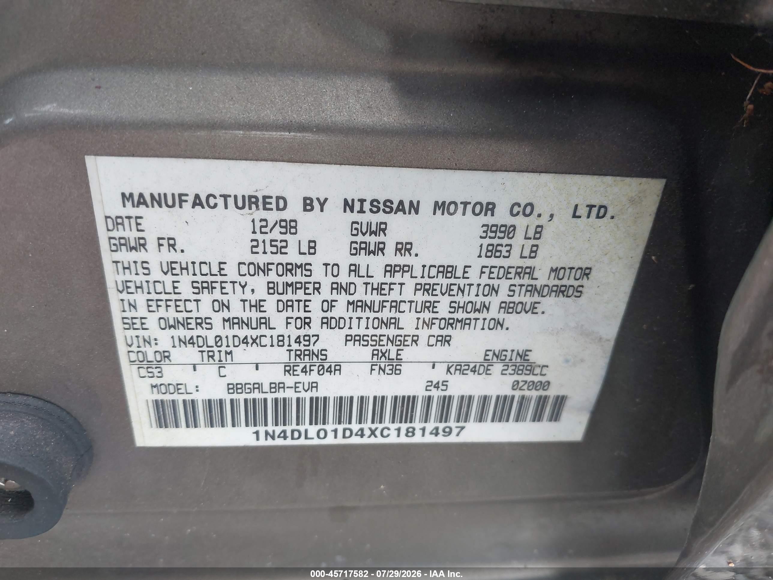 1999 Nissan Altima Gle/gxe/se/se-l/xe Champagne vin: 1N4DL01D4XC181497