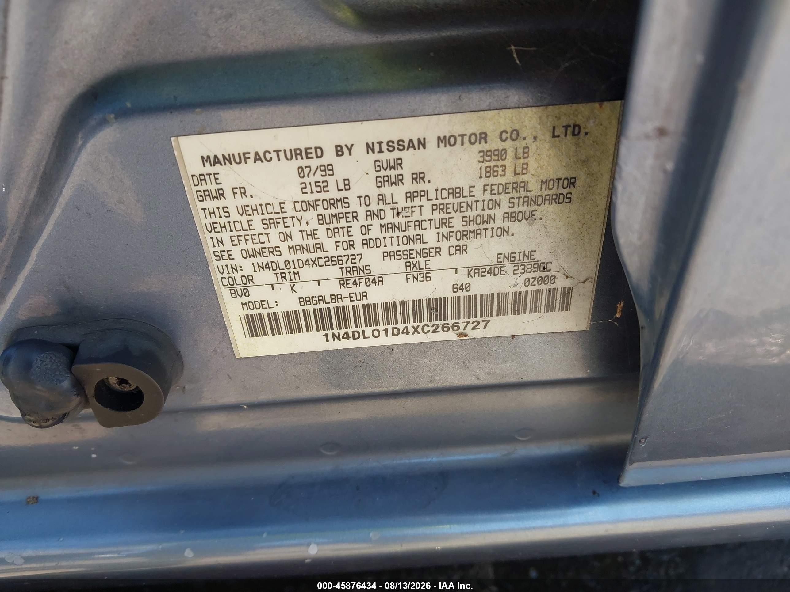 1999 Nissan Altima Gle/gxe/se/se-l/xe Blue vin: 1N4DL01D4XC266727