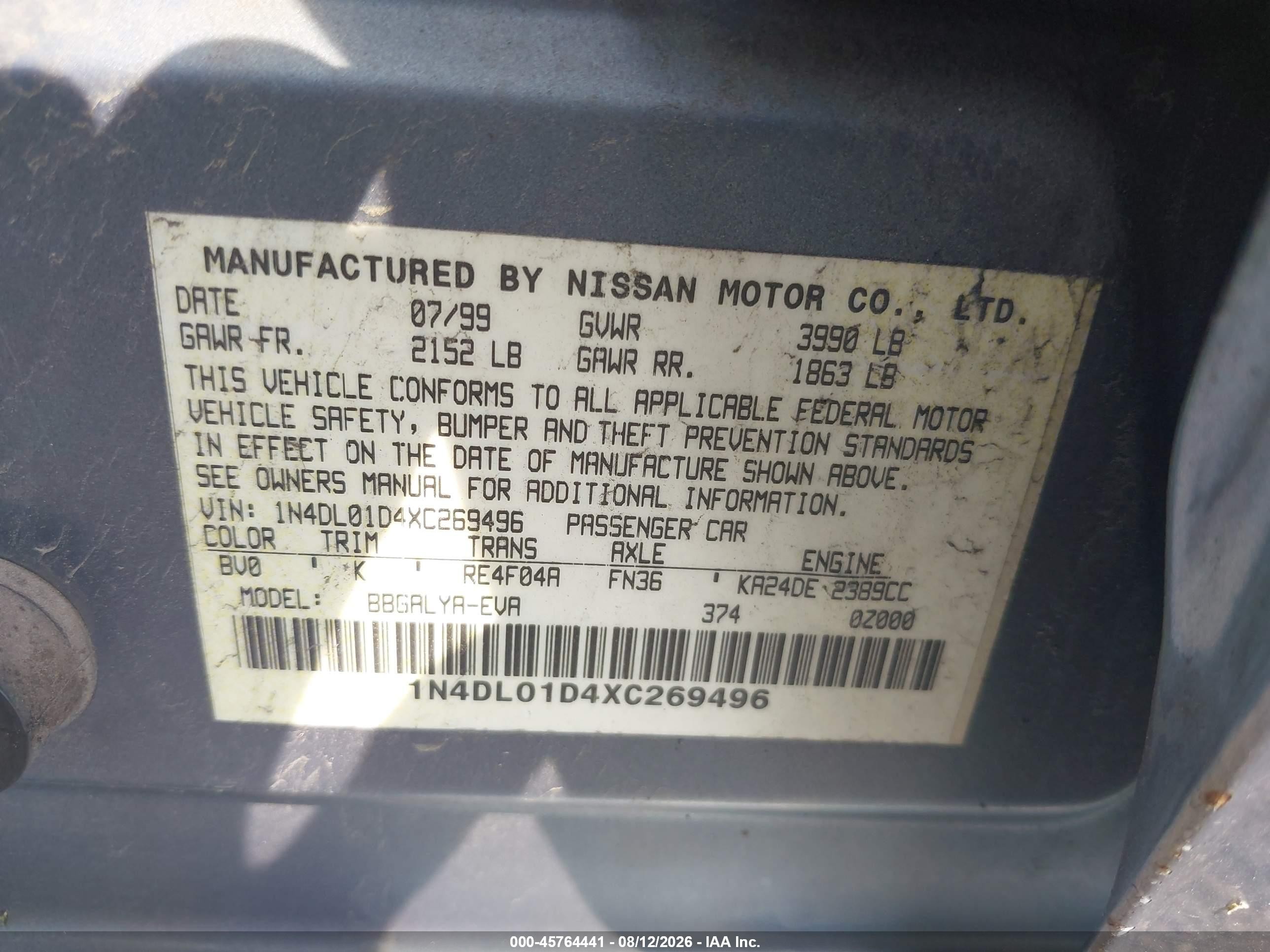 1999 Nissan Altima Gle/gxe/se/se-l/xe Light Blue vin: 1N4DL01D4XC269496