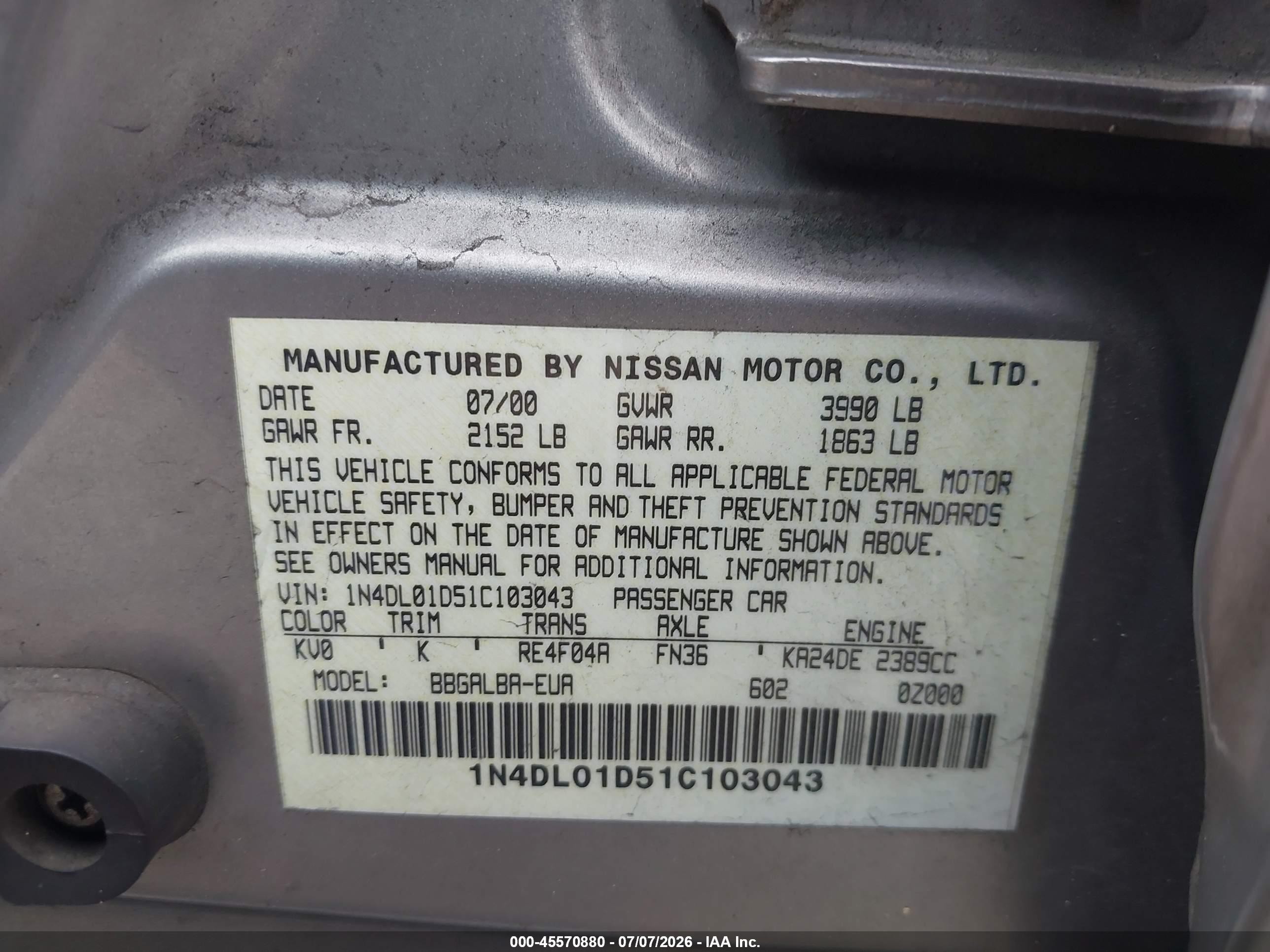 2001 Nissan Altima Gxe Золотой vin: 1N4DL01D51C103043