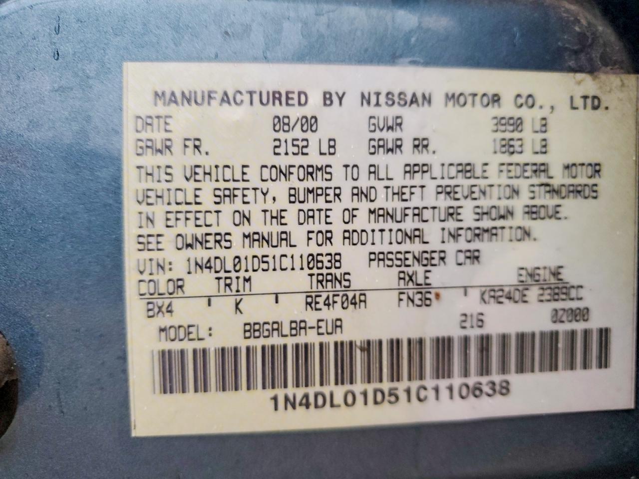 2001 Nissan Altima Xe Teal vin: 1N4DL01D51C110638