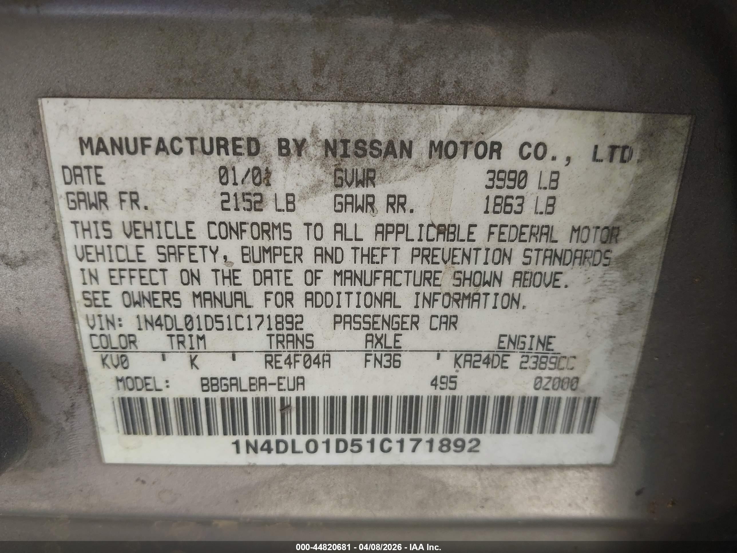 2001 Nissan Altima Gxe Gray vin: 1N4DL01D51C171892