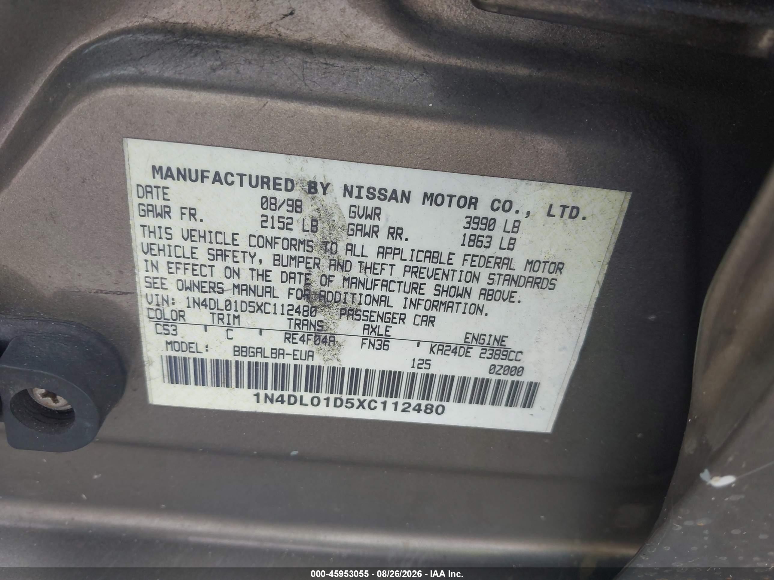 1999 Nissan Altima Gle/gxe/se/se-l/xe Gold vin: 1N4DL01D5XC112480