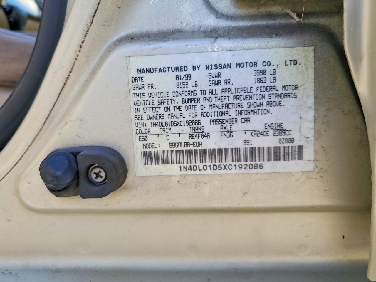 1999 Nissan Altima Xe Beige vin: 1N4DL01D5XC192086
