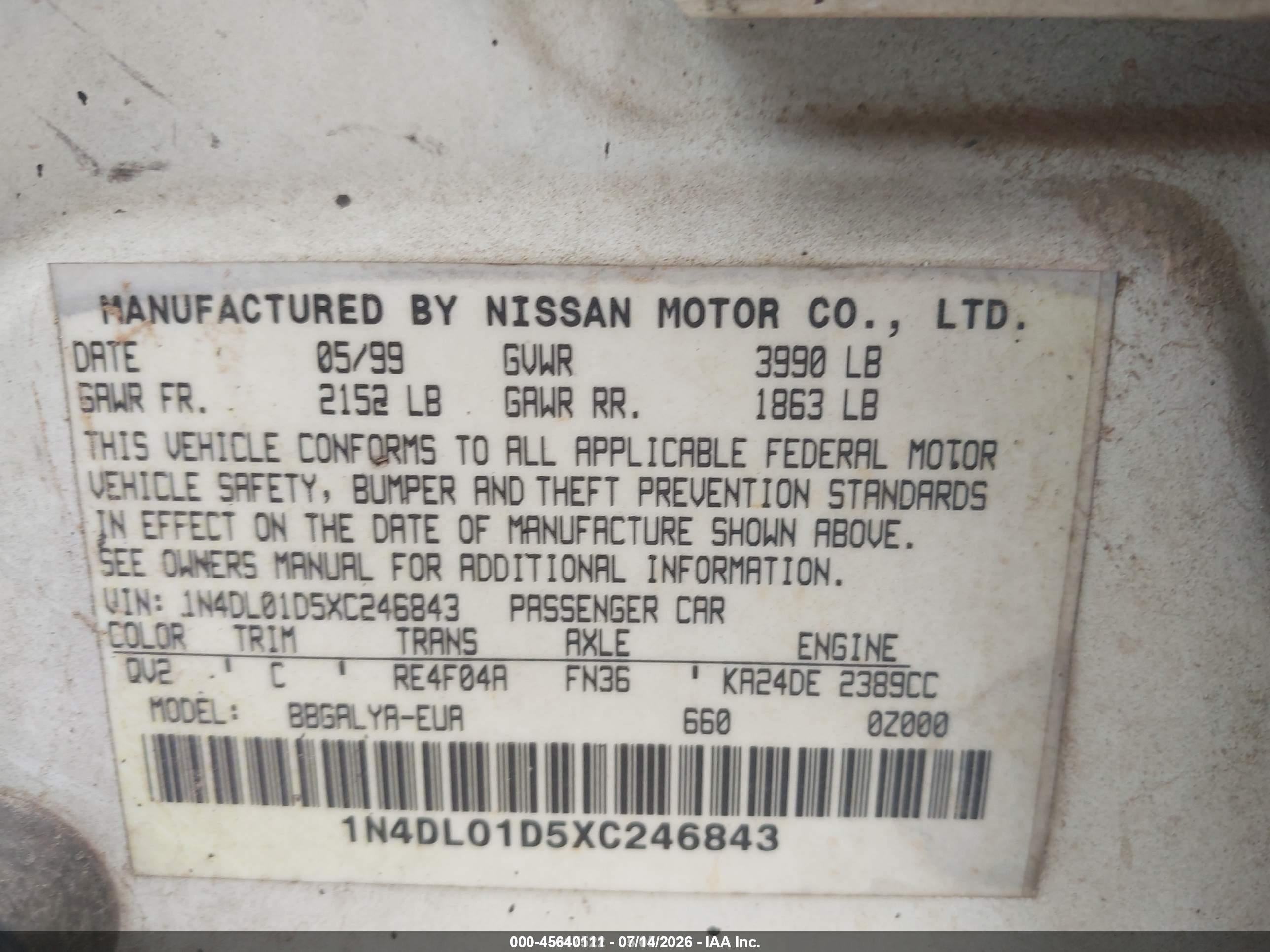 1999 Nissan Altima Gle/gxe/se/se-l/xe White vin: 1N4DL01D5XC246843