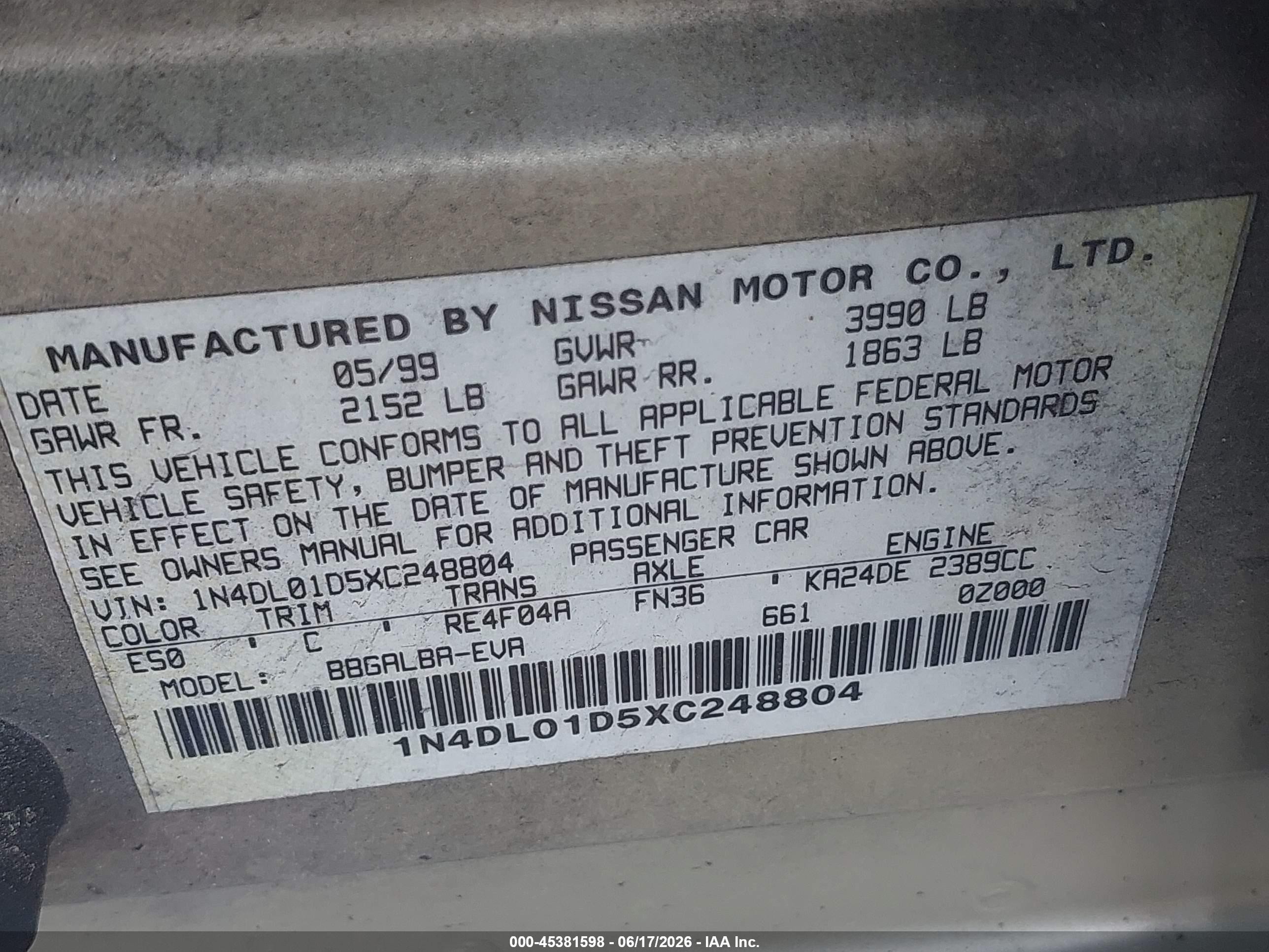 1999 Nissan Altima Gle/gxe/se/se-l/xe Gold vin: 1N4DL01D5XC248804