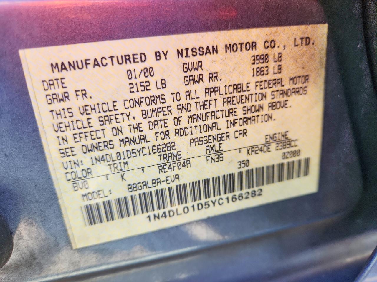 2000 Nissan Altima Xe Gray vin: 1N4DL01D5YC166282