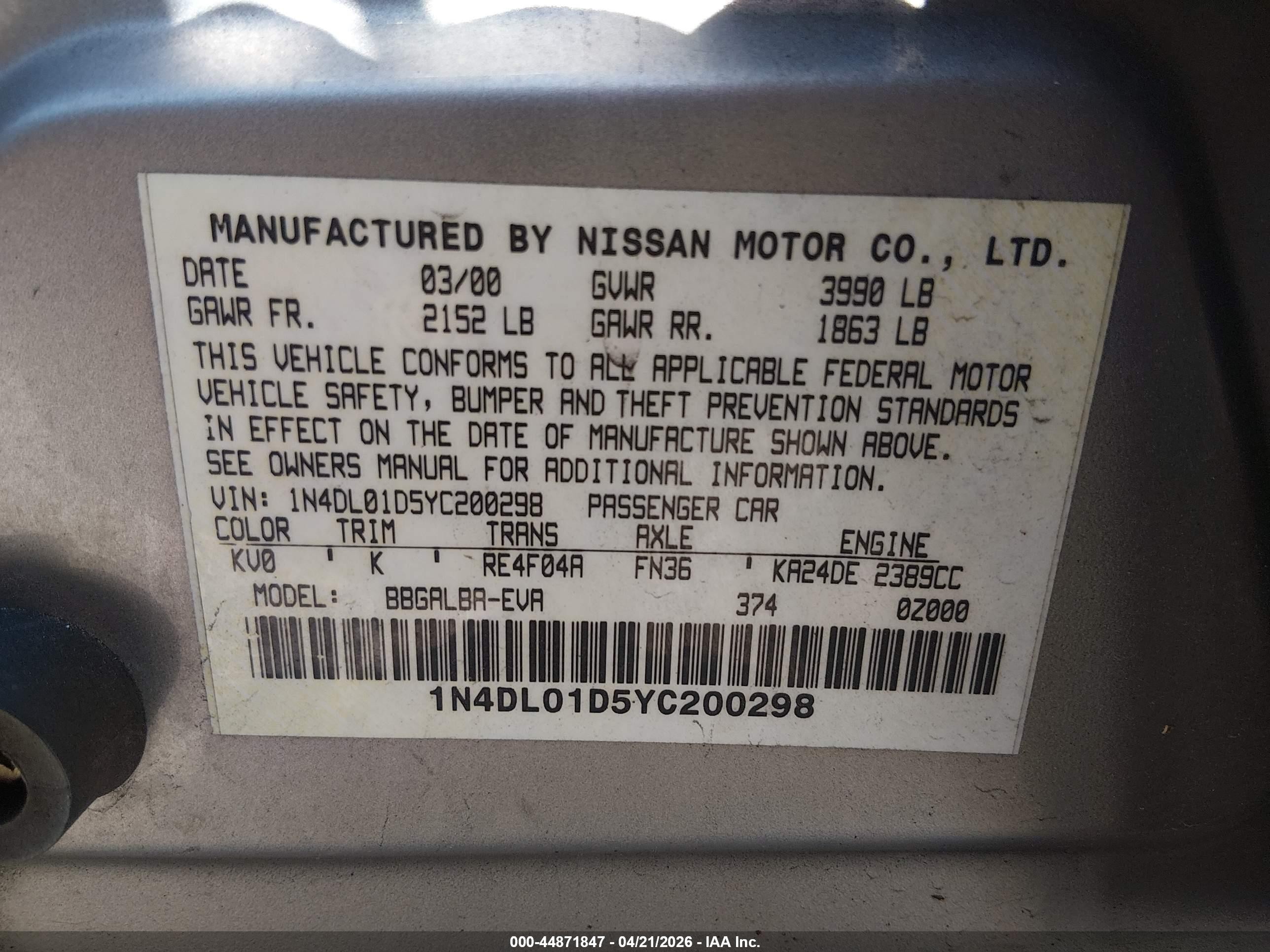 2000 Nissan Altima Gle/gxe/se/xe Gray vin: 1N4DL01D5YC200298