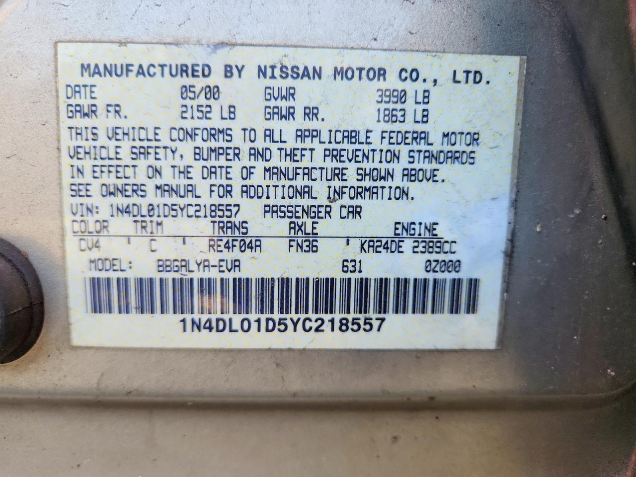 2000 Nissan Altima Tan vin: 1N4DL01D5YC218557