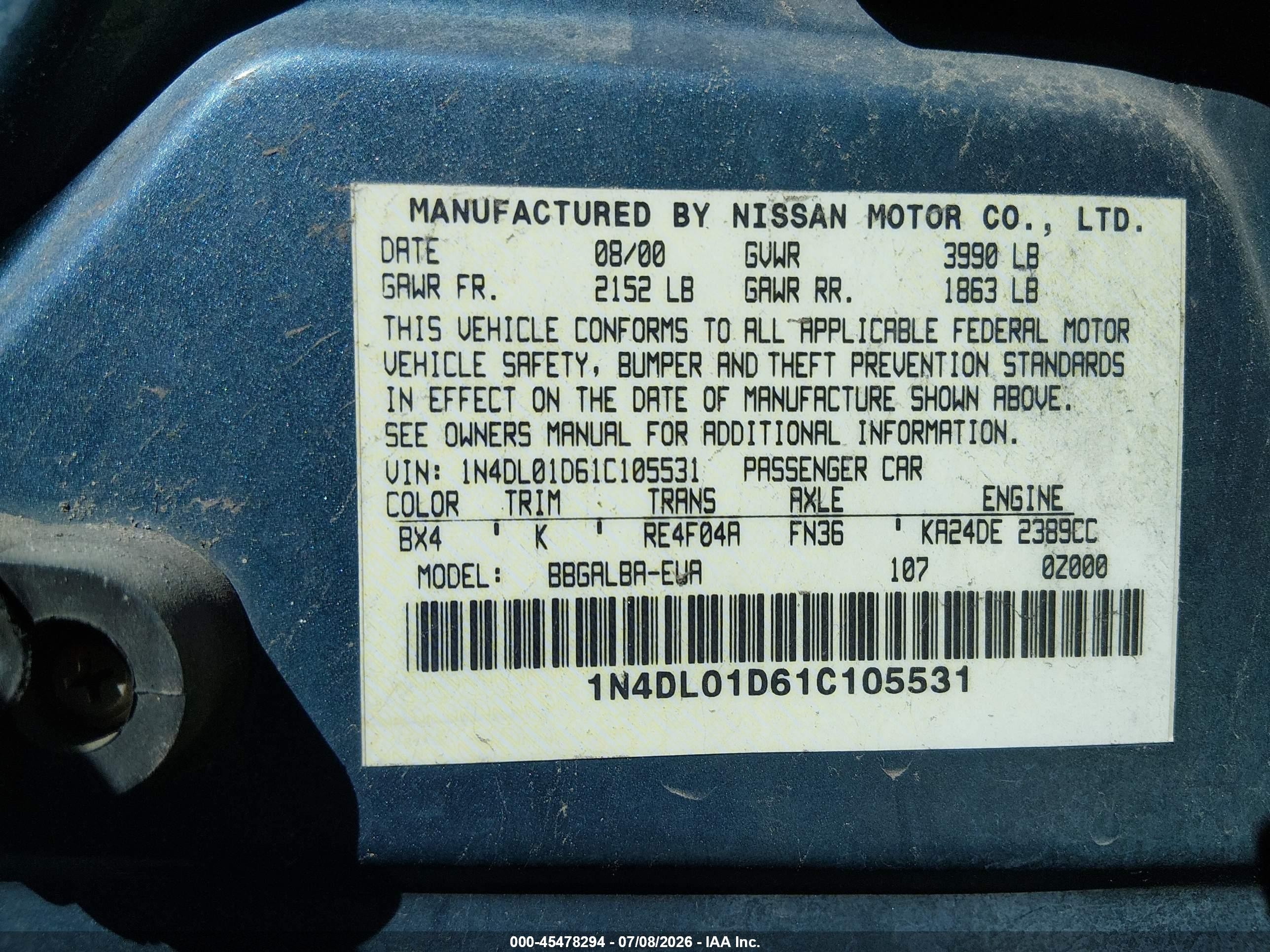 2001 Nissan Altima Gxe Turquoise vin: 1N4DL01D61C105531